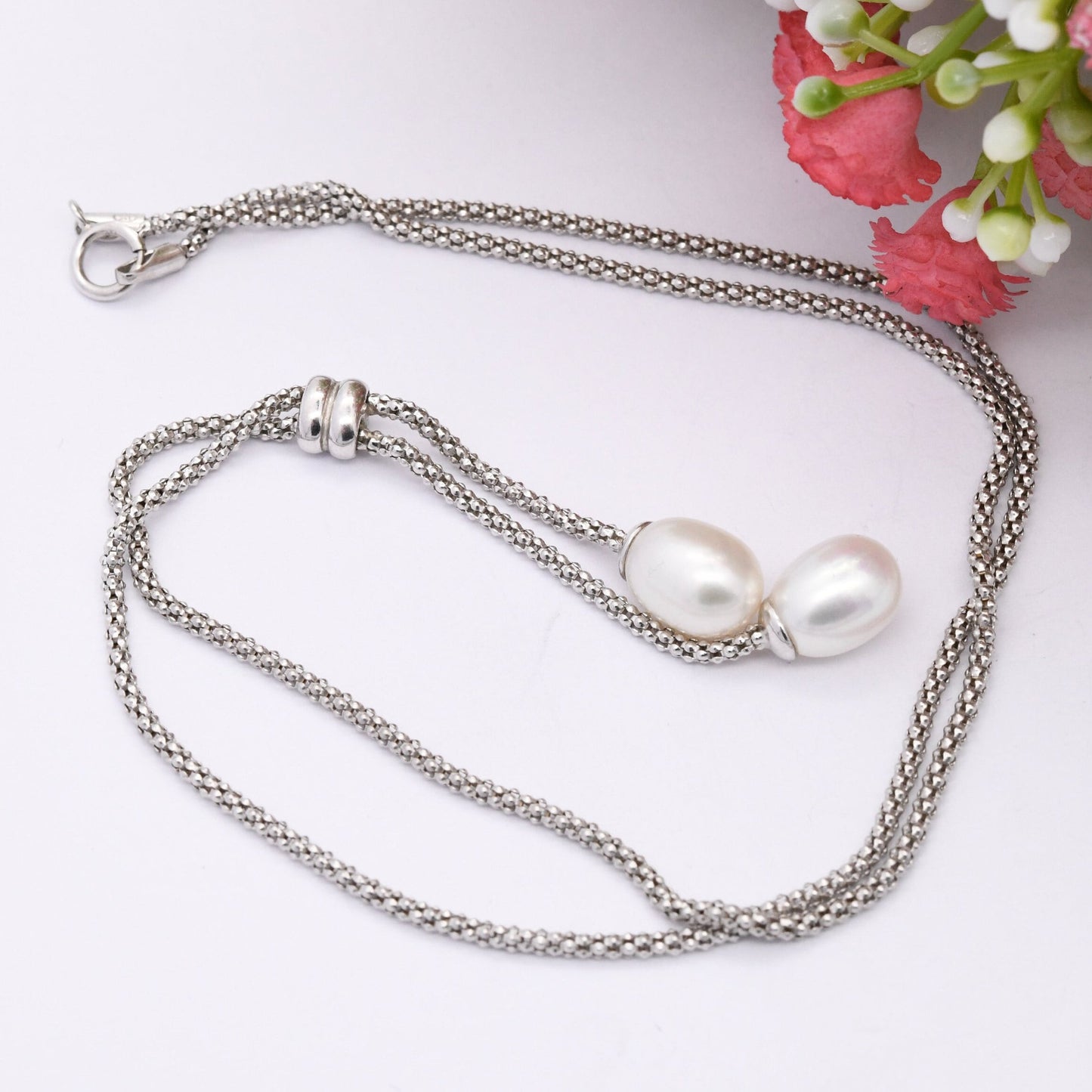 Sterling Silver Pearl Negligee Necklace - Double White and Light Pink Pearls | Pretty Silver Jewellery