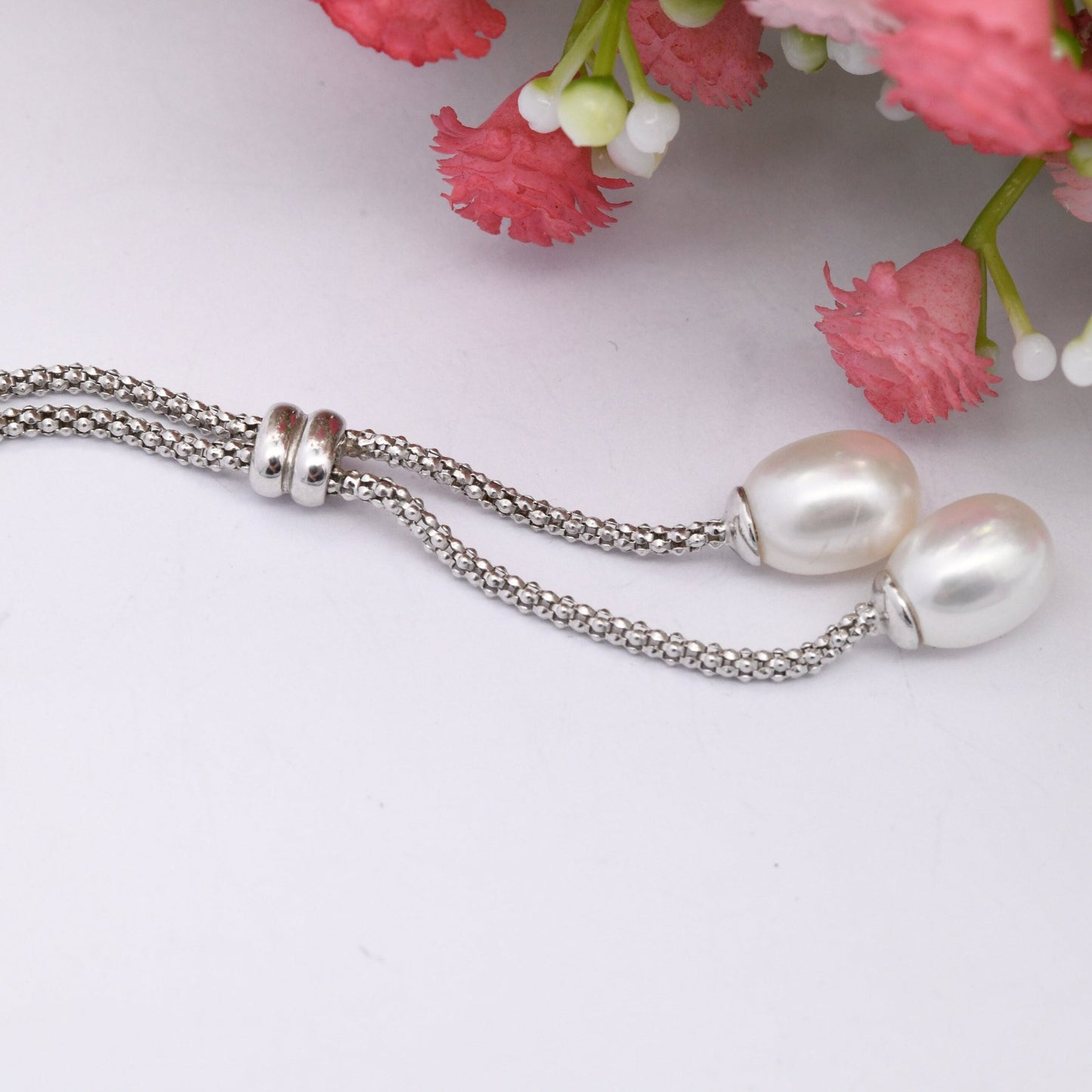 Sterling Silver Pearl Negligee Necklace - Double White and Light Pink Pearls | Pretty Silver Jewellery