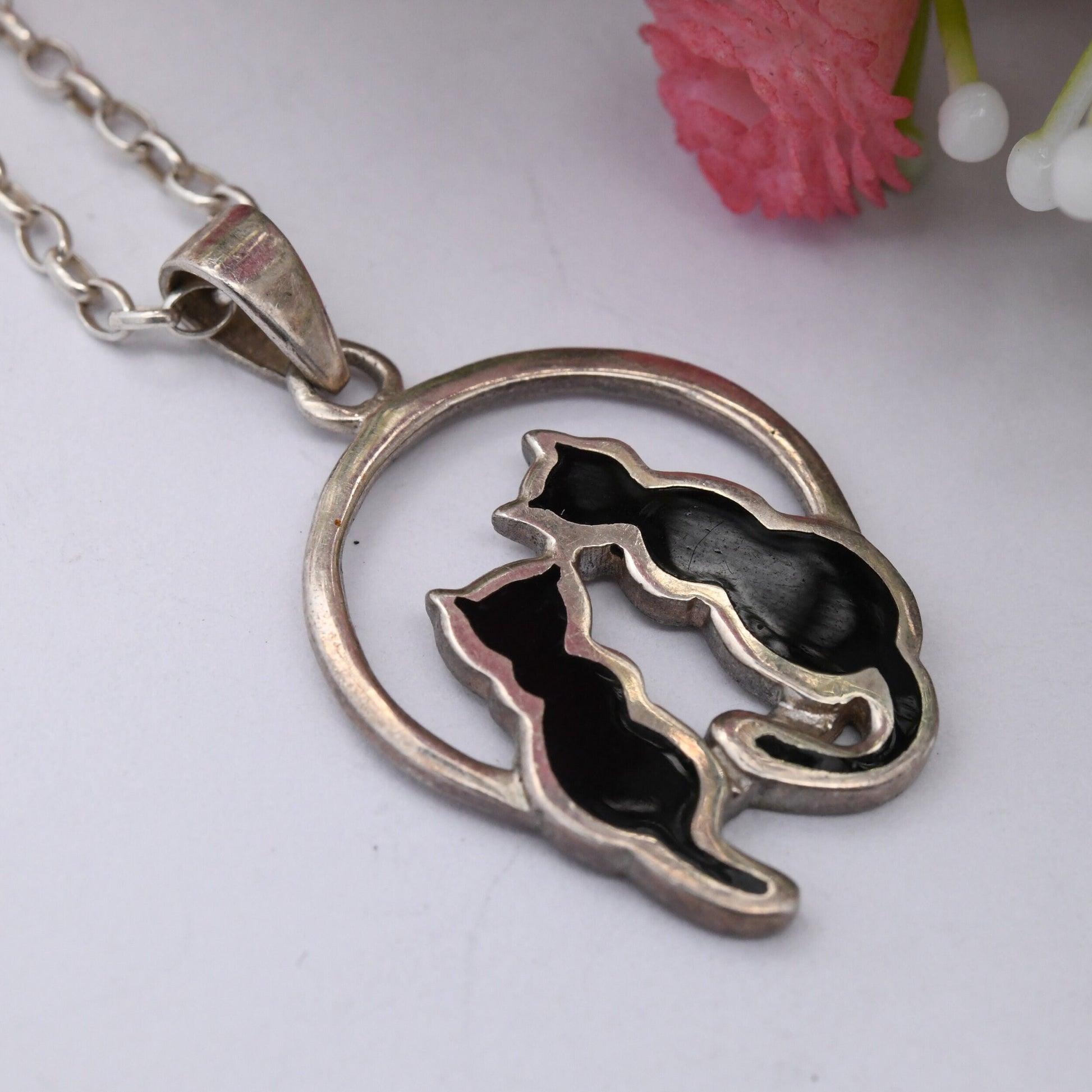 Sterling Silver Sea Gems Moonlight Cat Pendant Necklace - Enamel Two Sitting Black Cats in Moon | Animal Gift