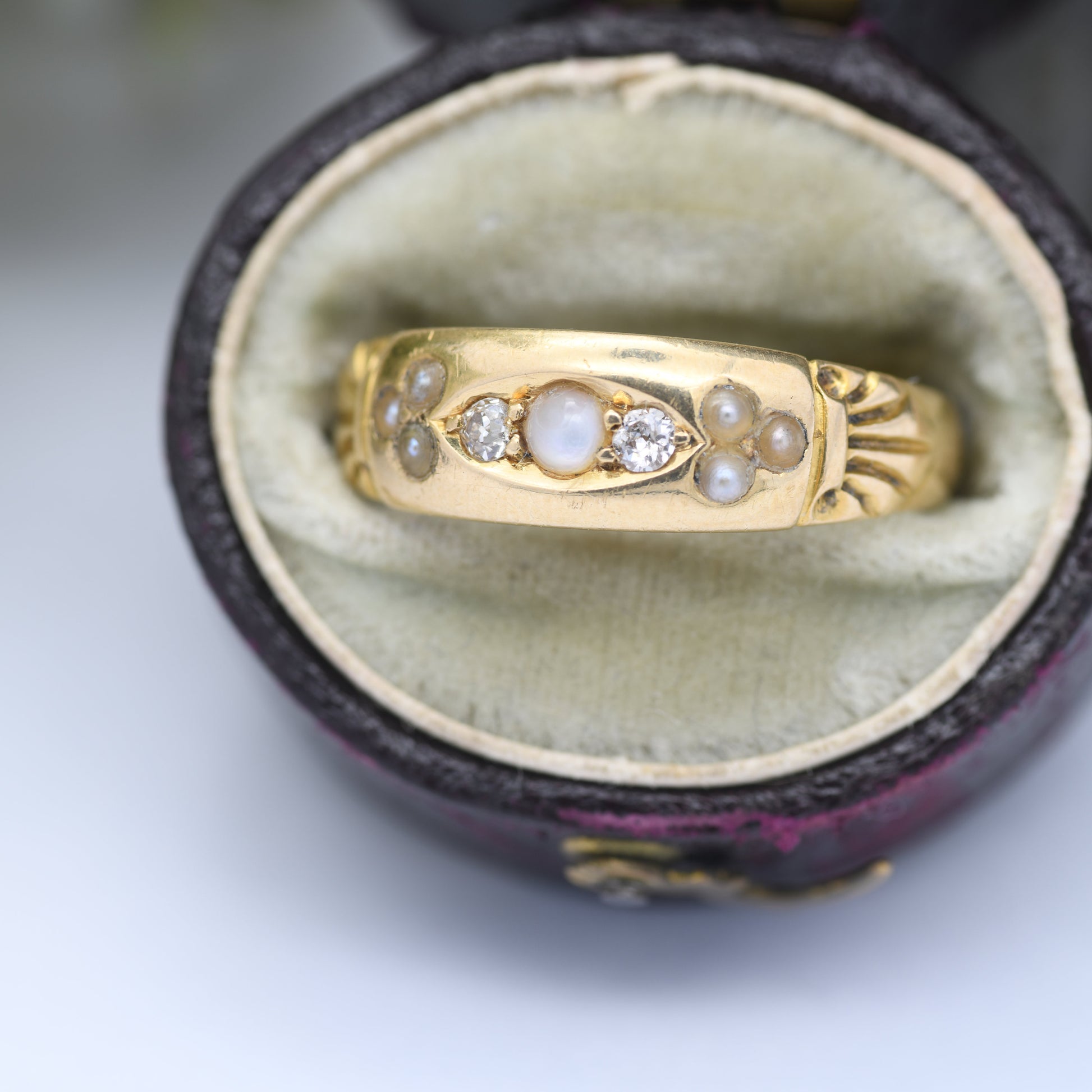 Antique Victorian 18ct Gold Diamond and Pearl Ring 1891 - Beautiful Antique Gold Jewellery | UK Size - O | US Size - 7