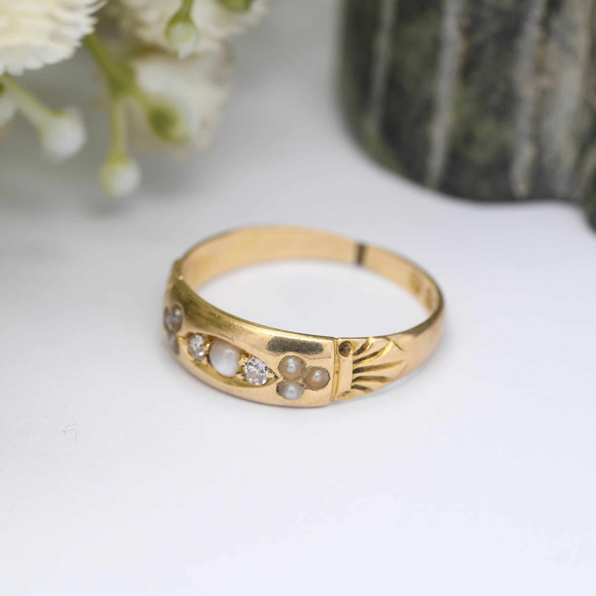 Antique Victorian 18ct Gold Diamond and Pearl Ring 1891 - Beautiful Antique Gold Jewellery | UK Size - O | US Size - 7