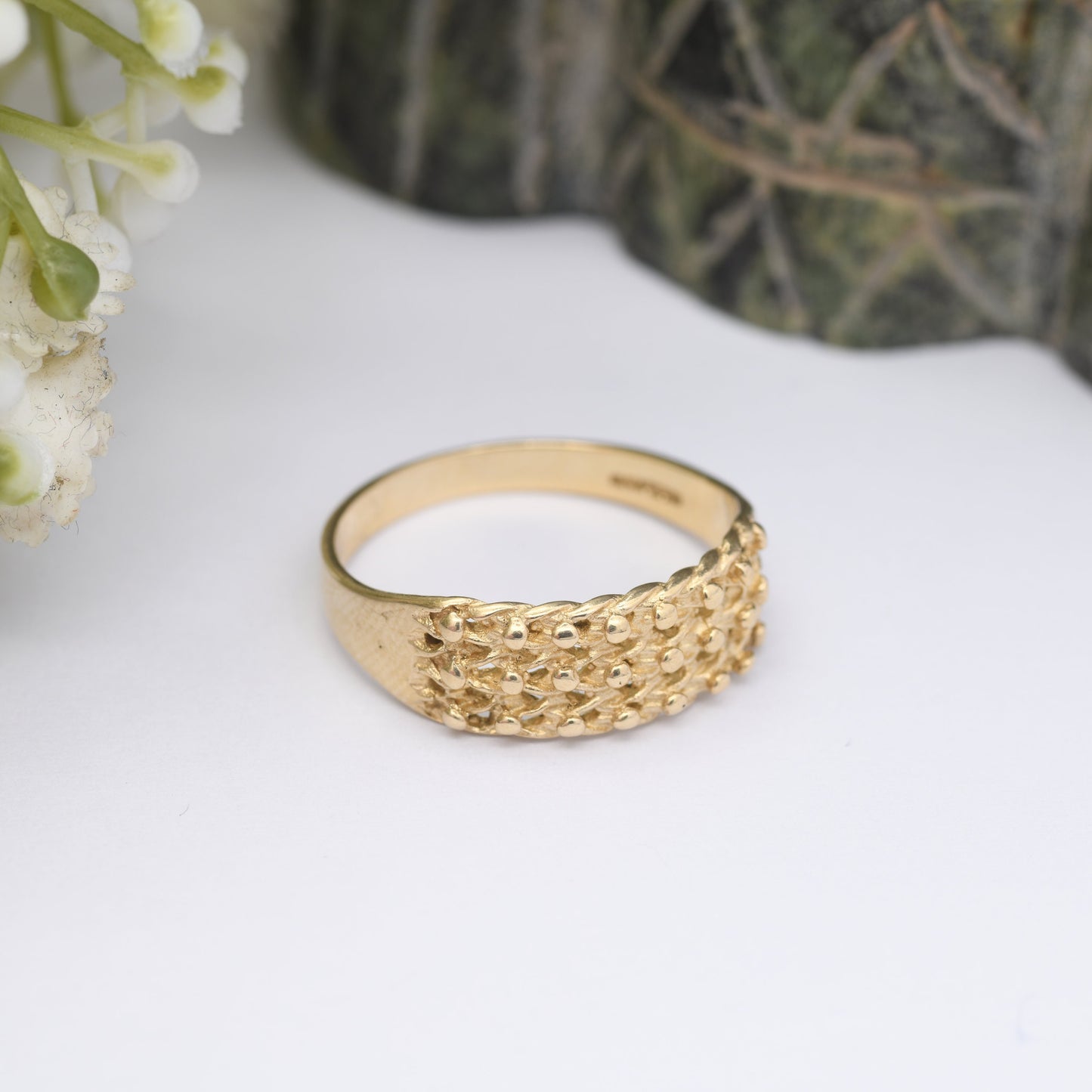 Vintage 9ct Gold Keeper Ring - Mid-Century Chunky Band | Textured Ball Ring | Everyday Gold Jewellery | UK Size - R | US Size - 8 3/4