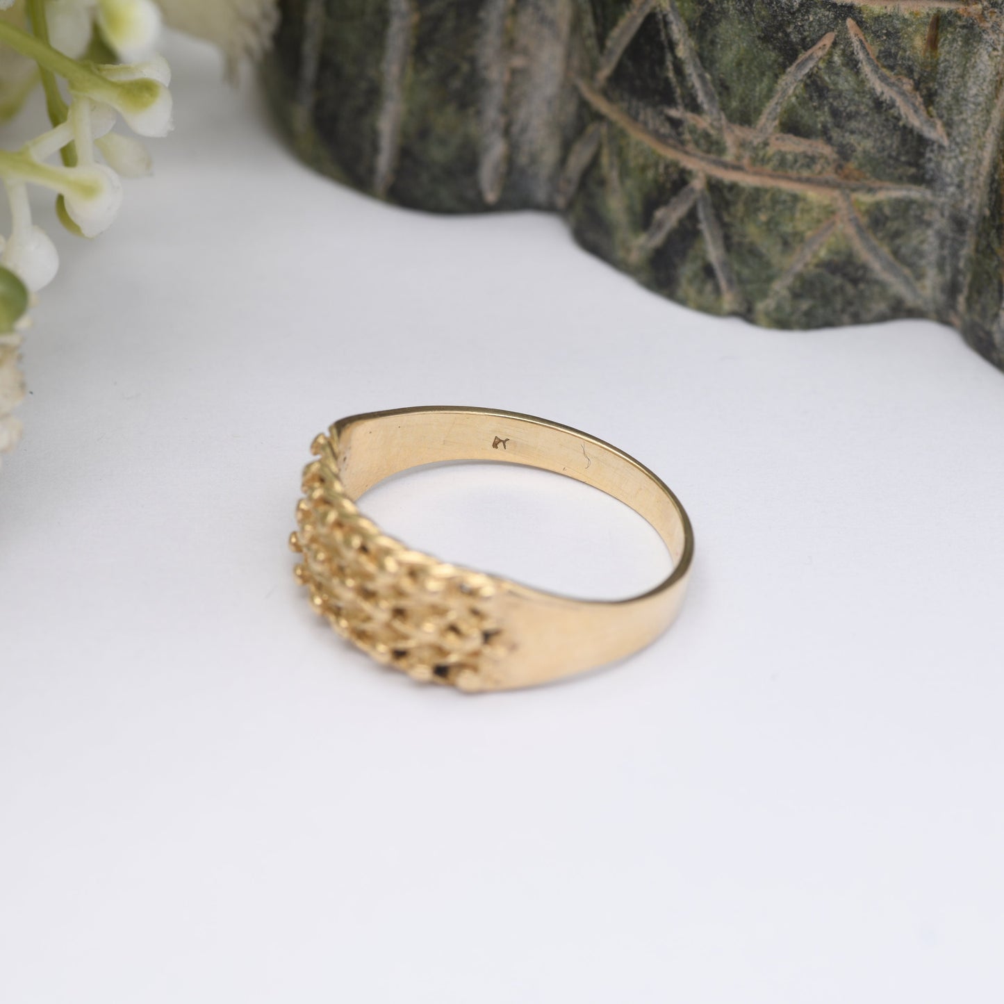 Vintage 9ct Gold Keeper Ring - Mid-Century Chunky Band | Textured Ball Ring | Everyday Gold Jewellery | UK Size - R | US Size - 8 3/4