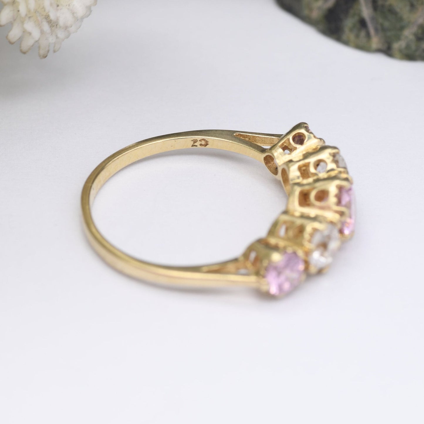 Vintage 9ct Gold CZ Statement Ring - Clear and Pink Stones Five Stone Ring | Princess Ring | UK Size - M 1/2 | US Size - 6 1/2