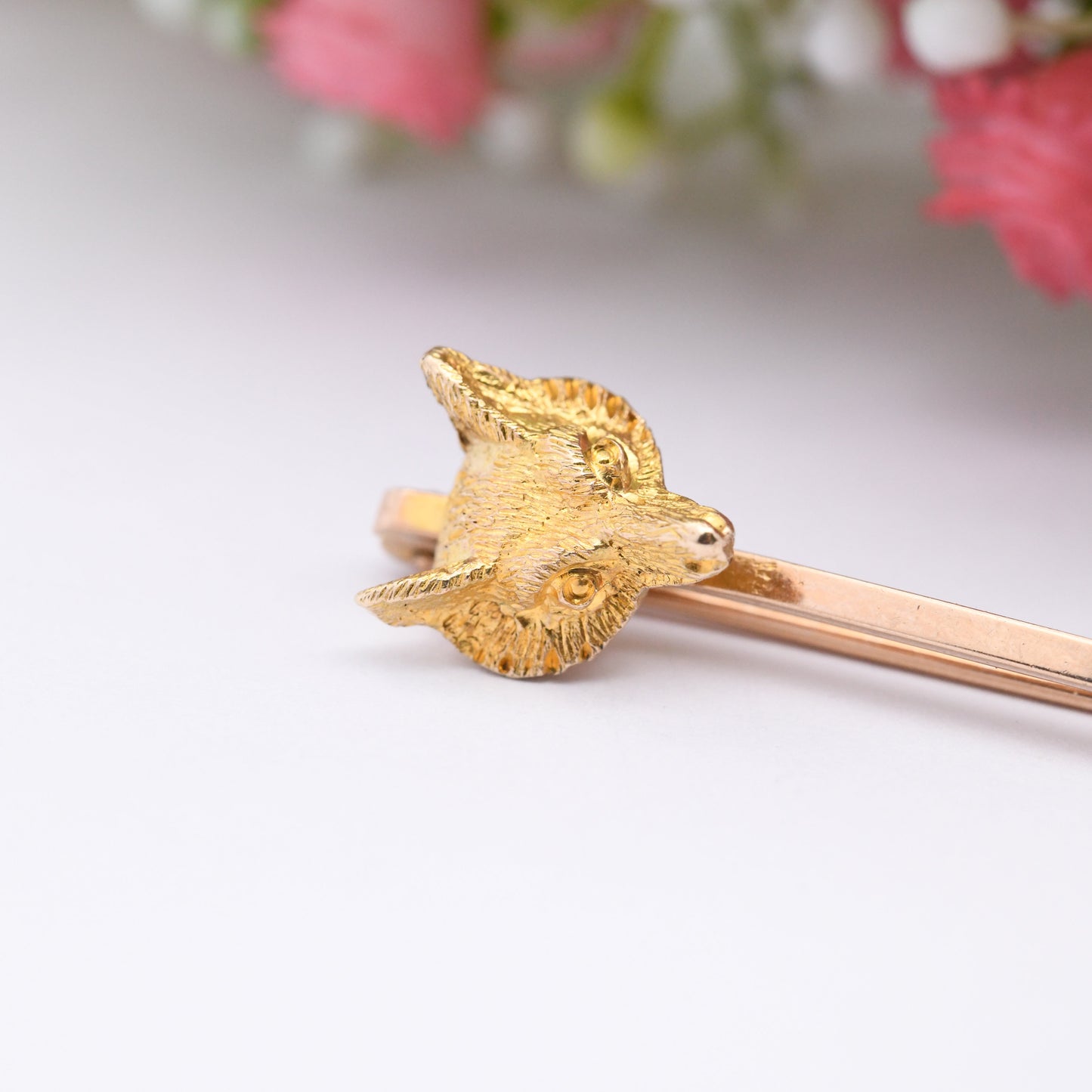 Antique 9ct Gold Fox Brooch Edwardian - Yellow and Rose Gold | Detailed Animal Bar Brooch | Victorian Pin