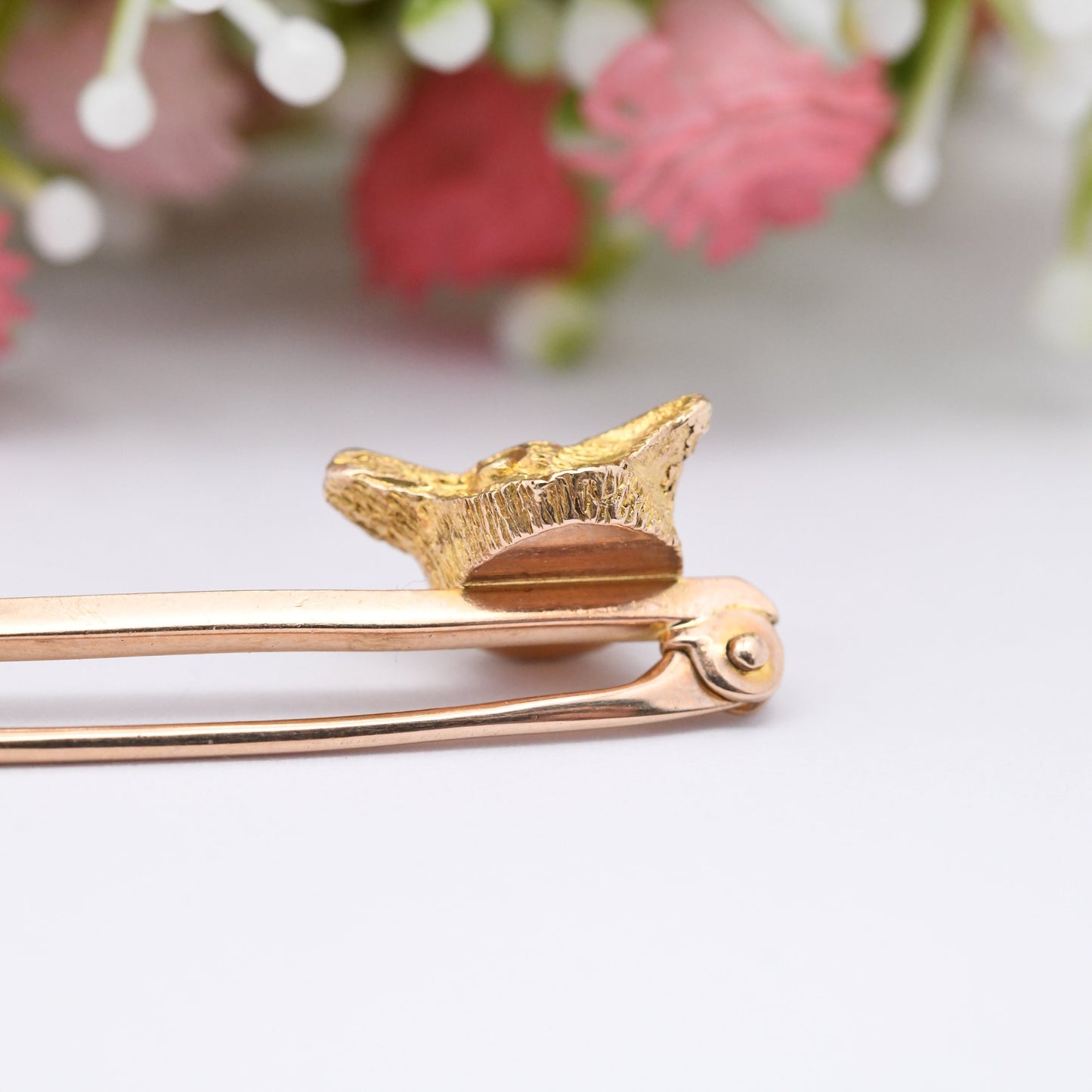 Antique 9ct Gold Fox Brooch Edwardian - Yellow and Rose Gold | Detailed Animal Bar Brooch | Victorian Pin