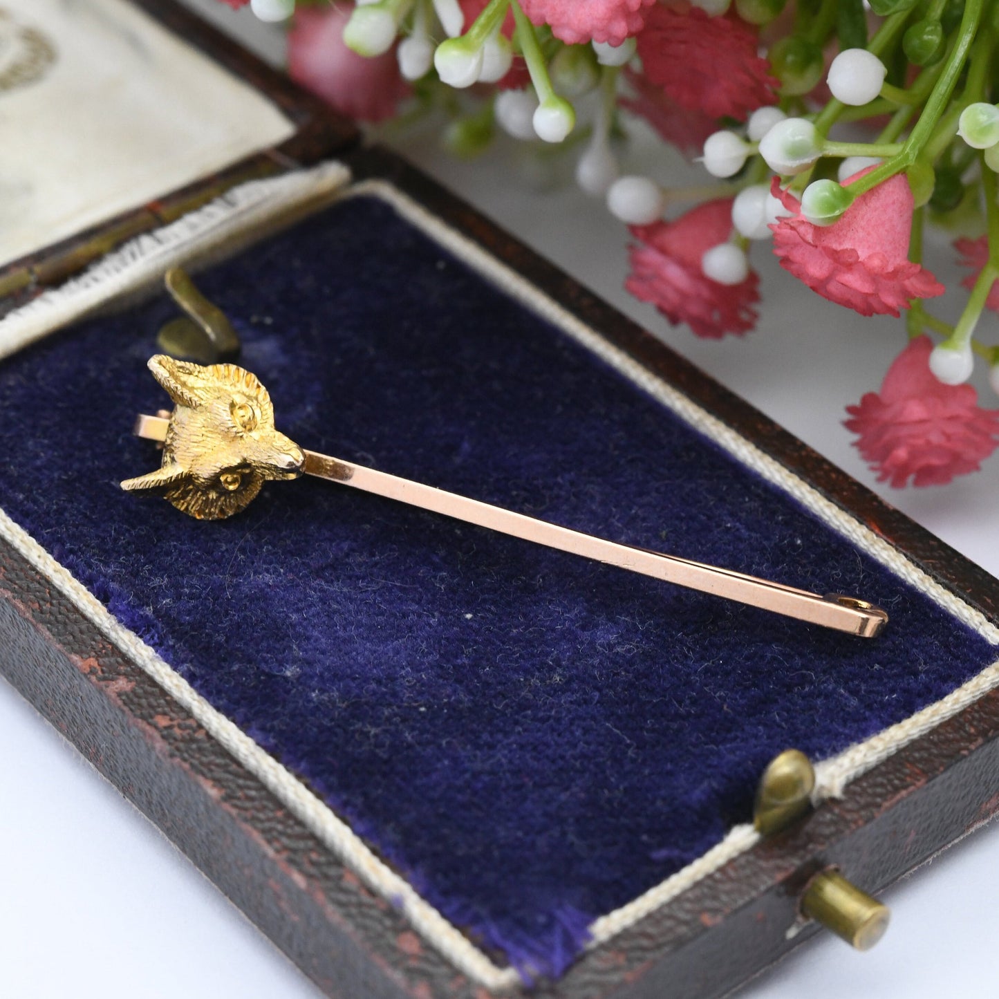 Antique 9ct Gold Fox Brooch Edwardian - Yellow and Rose Gold | Detailed Animal Bar Brooch | Victorian Pin