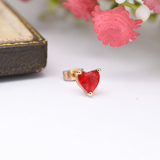 Vintage 9ct Gold Heart Single Stud Earring with Red Stone and Butterfly Back