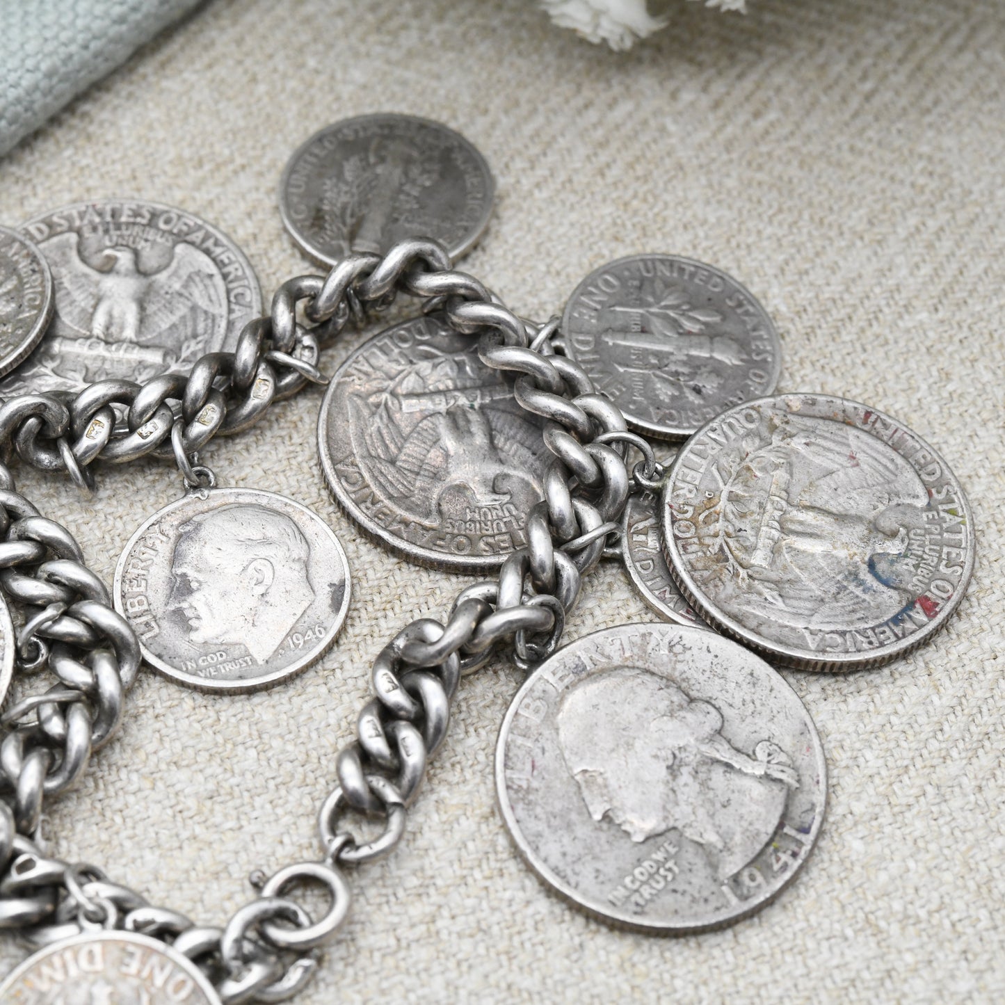 Vintage American Silver Coin Charm Bracelet - 1941 Washington Quarter Dollar | 1942 Mercury One Dime 1952 Roosevelt Dime | Curb Link