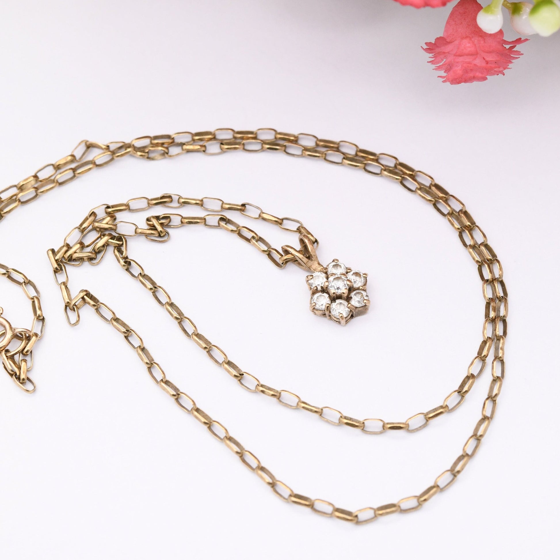 Vintage 9ct Gold Flower Pendant Necklace on Cable Link Chain 1991 with Clear Stones