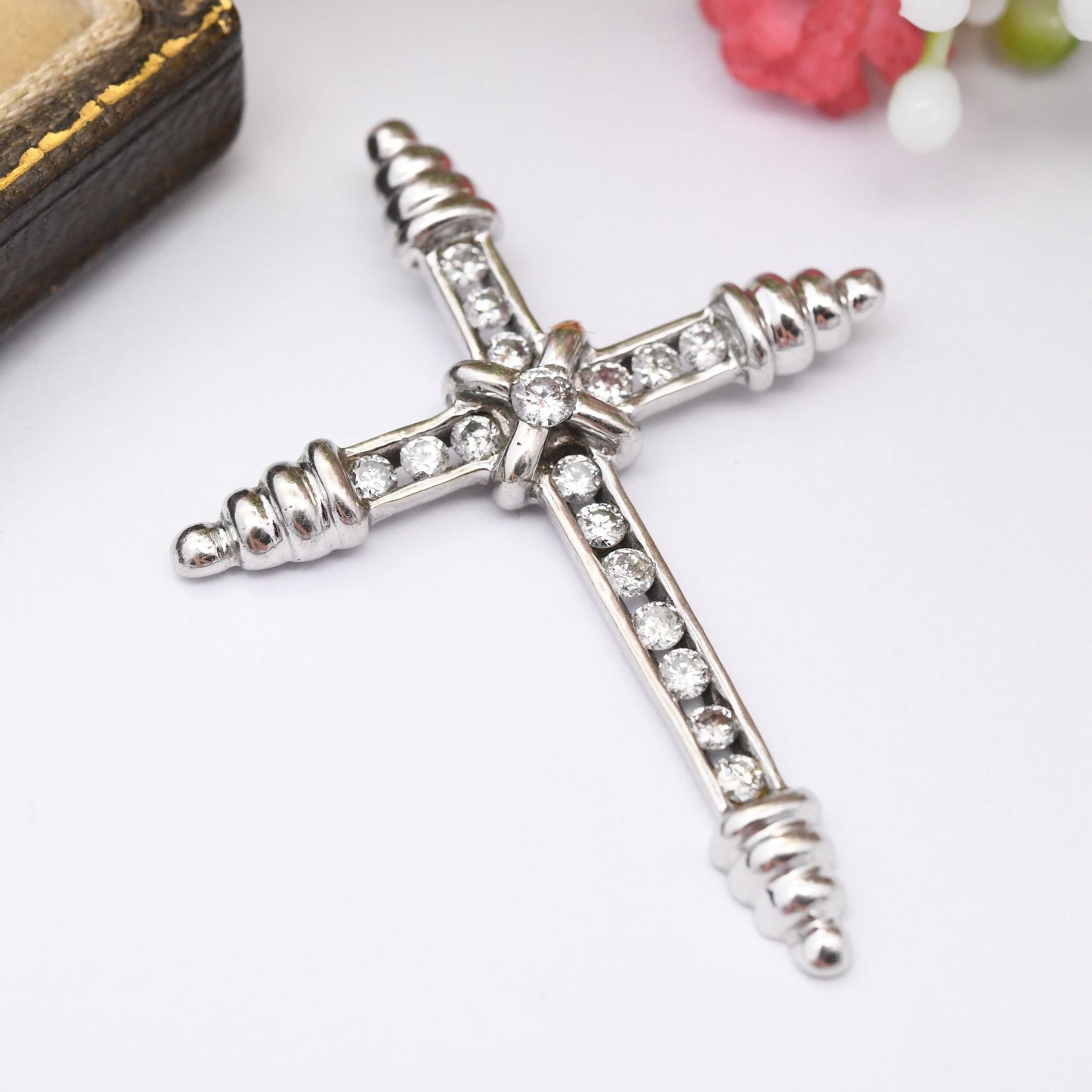 Vintage 9ct White Gold Diamond Cross Pendant with 17 Diamonds - Channel Set