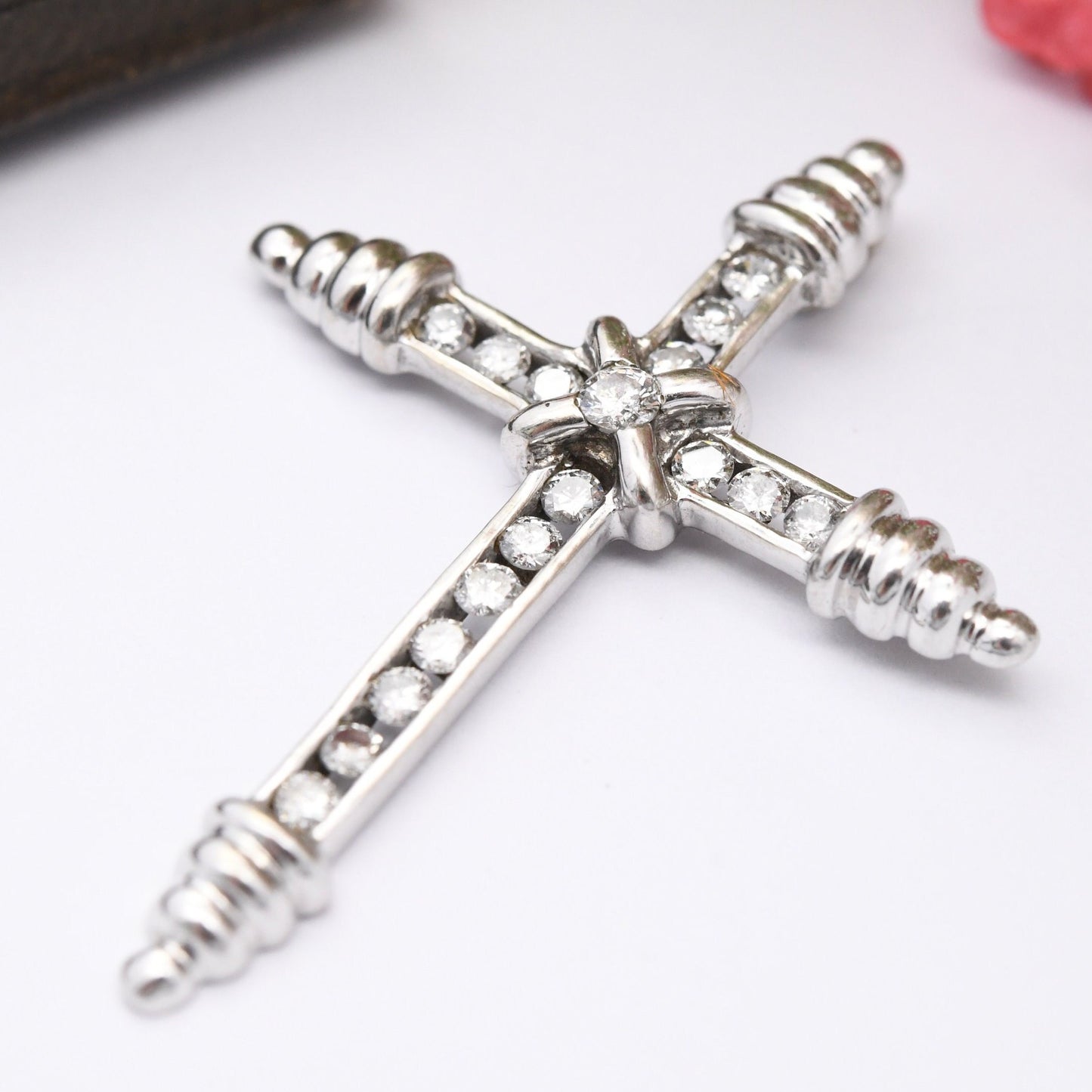 Vintage 9ct White Gold Diamond Cross Pendant with 17 Diamonds - Channel Set