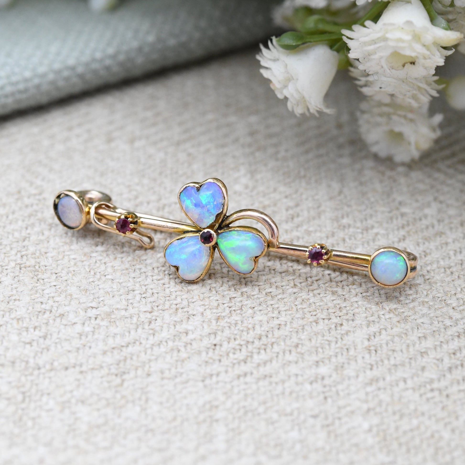 Antique 9ct Gold Opal and Ruby Clover Brooch - Lucky Three Leaf Clover Shamrock | Blue and Red Stones | Edwardian Bar Brooch