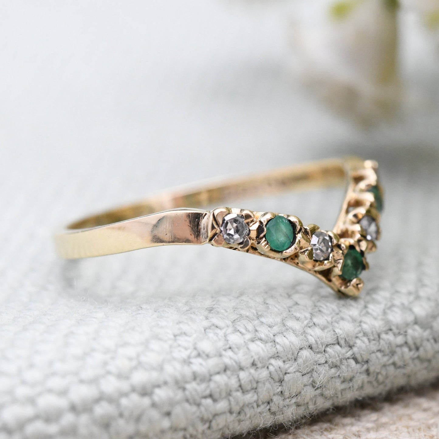 Vintage 9ct Gold Emerald and Diamond Wishbone Ring 1982 - Pretty Vintage Cocktail Ring | UK Size - P | US Size - 7 1/2