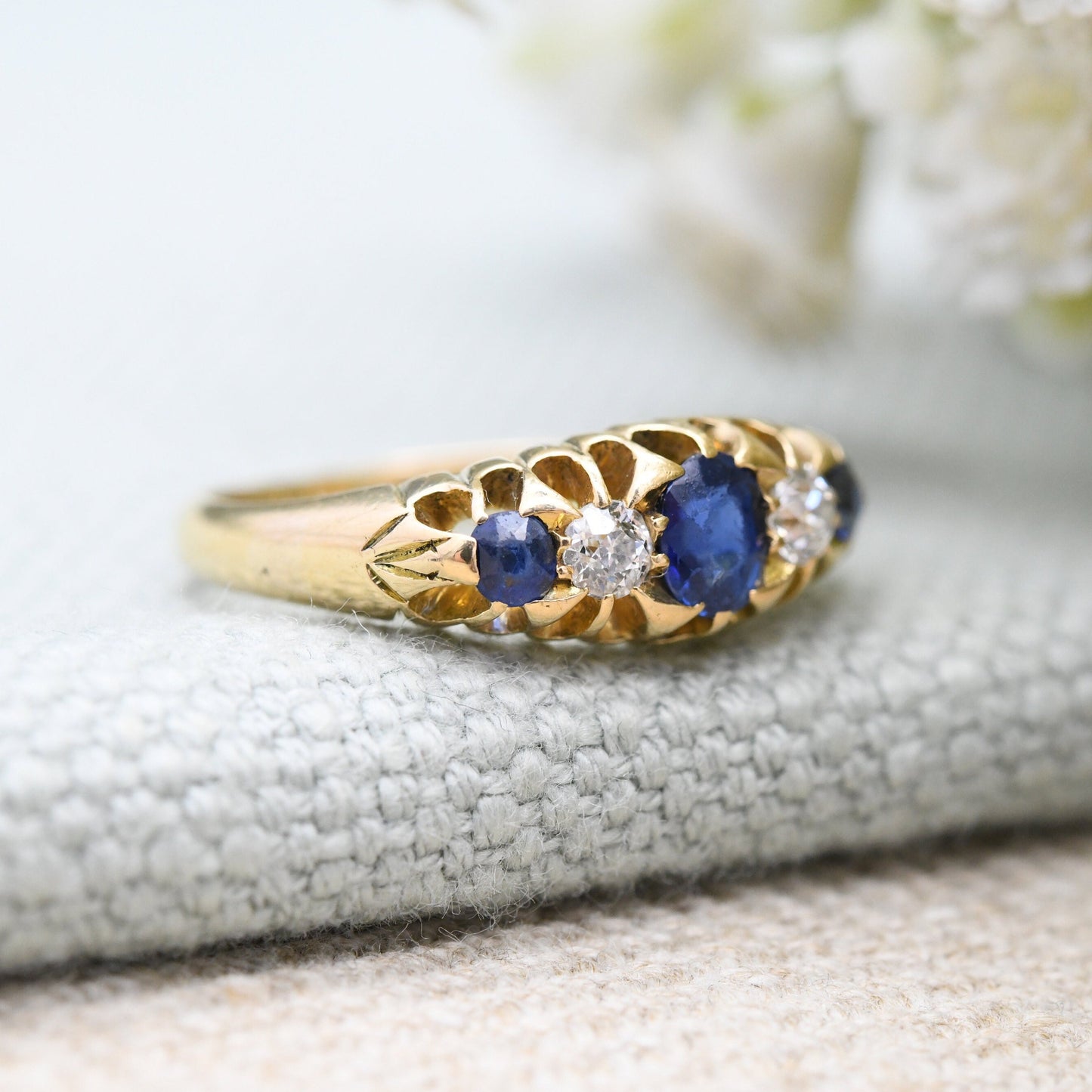 Antique 18ct Gold Sapphire and Diamond Ring - Edwardian Five Stone Engagement Ring | UK Size - M | US Size - 6 1/4