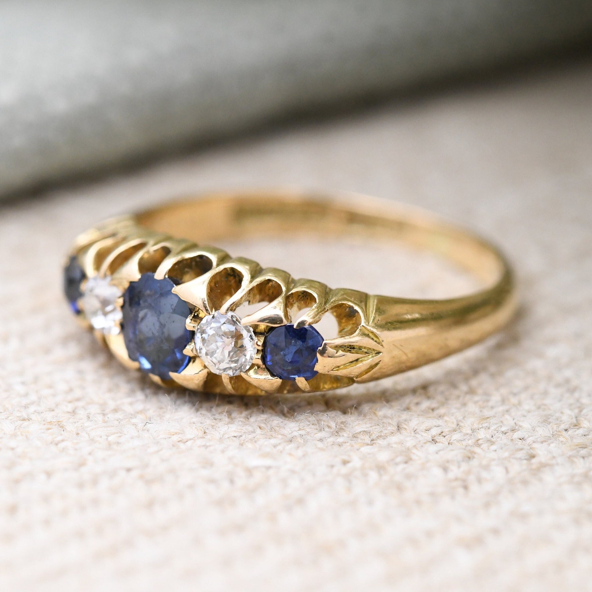 Antique 18ct Gold Sapphire and Diamond Ring - Edwardian Five Stone Engagement Ring | UK Size - M | US Size - 6 1/4