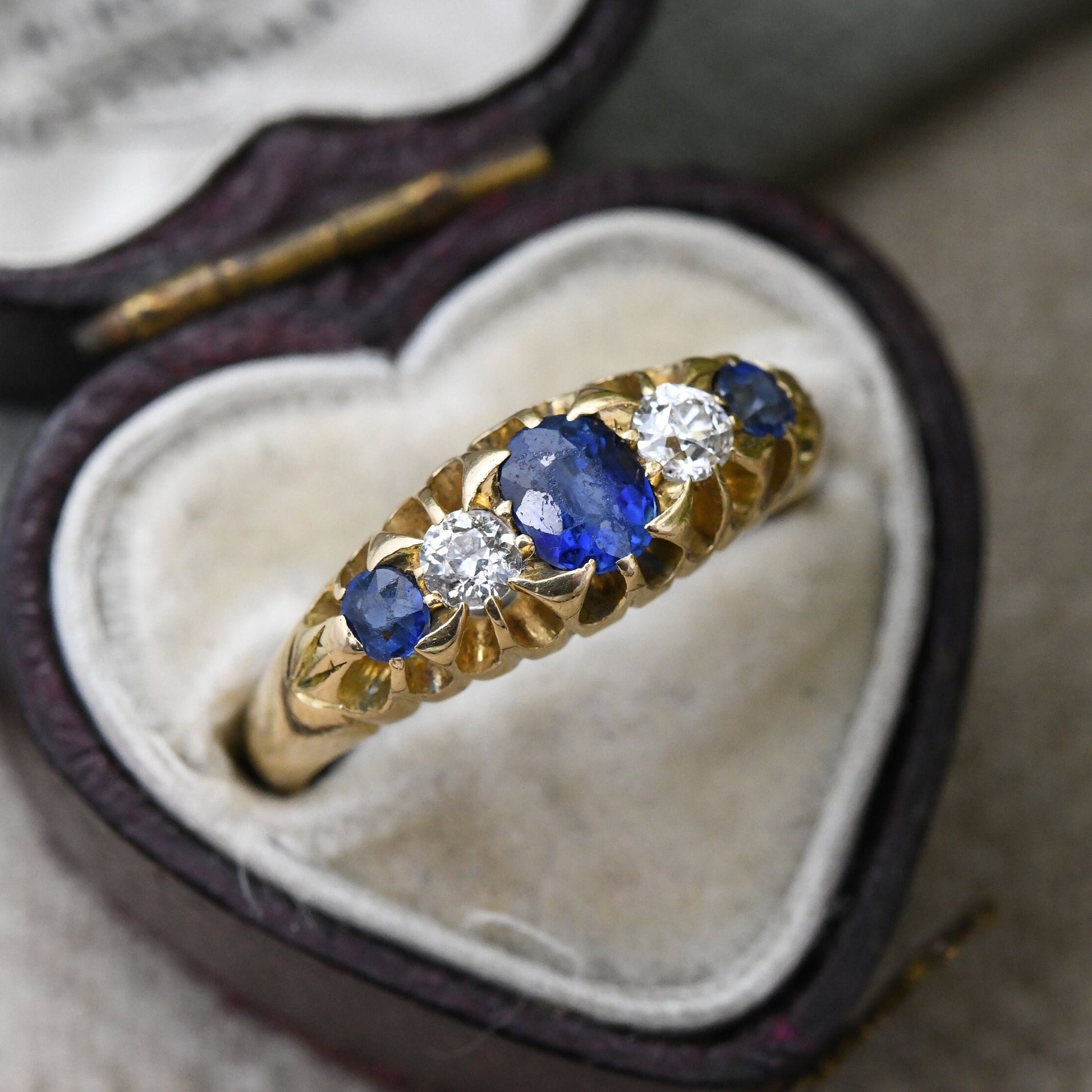 Antique 18ct Gold Sapphire and Diamond Ring - Edwardian Five Stone Engagement Ring | UK Size - M | US Size - 6 1/4