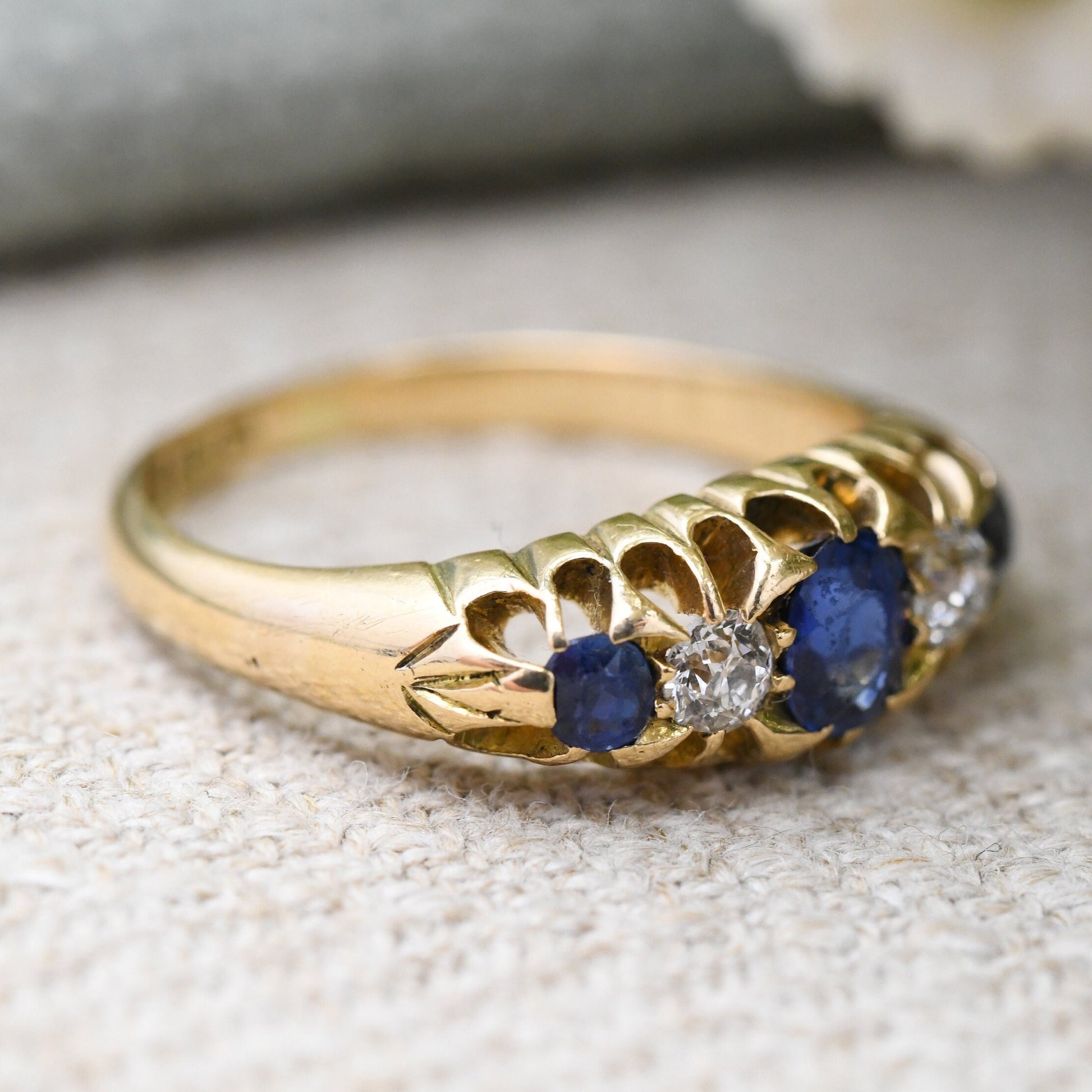 Antique 18ct Gold Sapphire and Diamond Ring - Edwardian Five Stone Engagement Ring | UK Size - M | US Size - 6 1/4