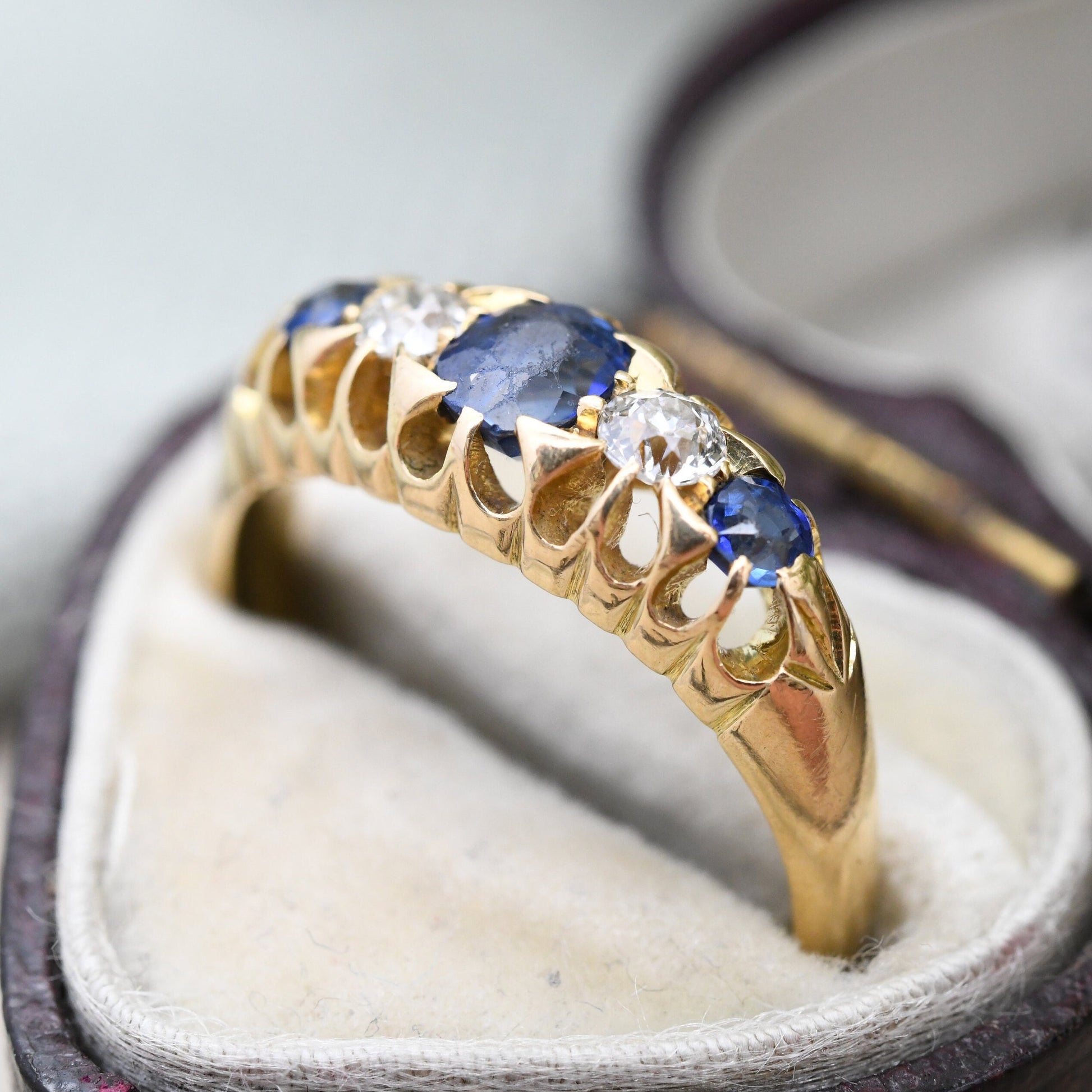 Antique 18ct Gold Sapphire and Diamond Ring - Edwardian Five Stone Engagement Ring | UK Size - M | US Size - 6 1/4