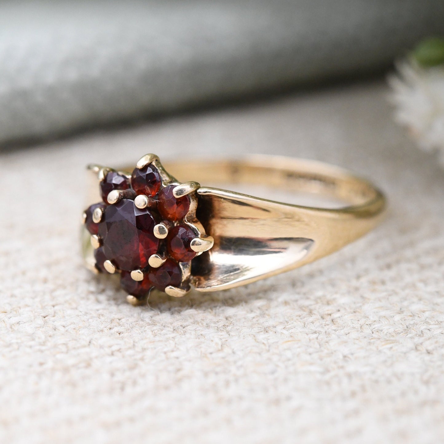 Vintage 9ct Gold Garnet Flower Ring 1977 - Mid-Century Victorian Revival | UK Size - P | US Size - 7 1/2