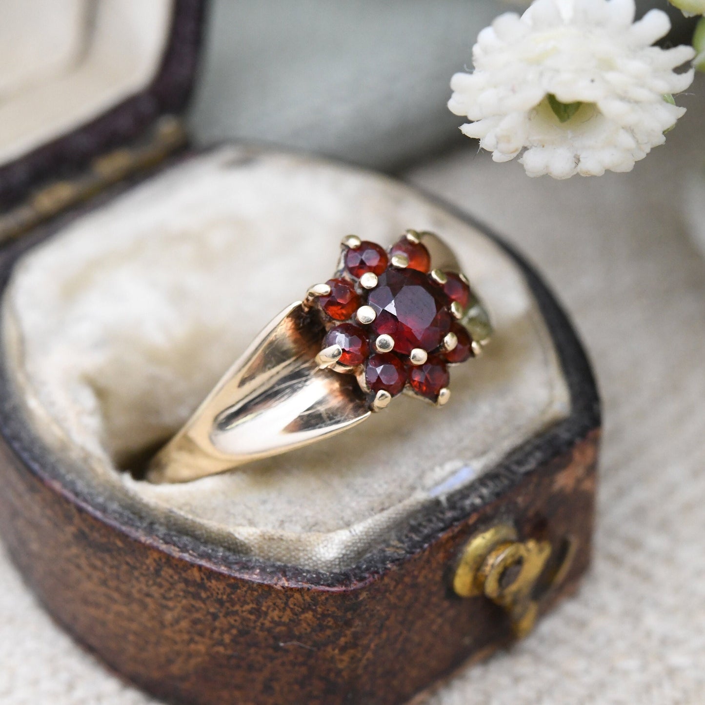 Vintage 9ct Gold Garnet Flower Ring 1977 - Mid-Century Victorian Revival | UK Size - P | US Size - 7 1/2