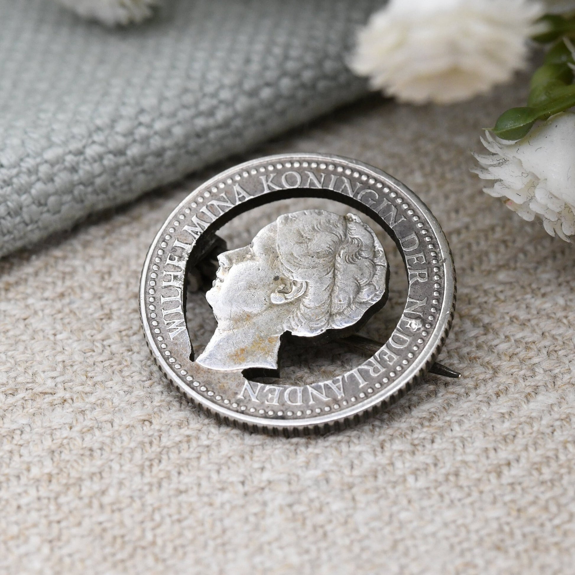 Antique Silver Netherlands Coin Brooch 1921 Wilhelmina Koningin 1/2 Gulden - Cut Out Dutch Silver Coin Jewellery