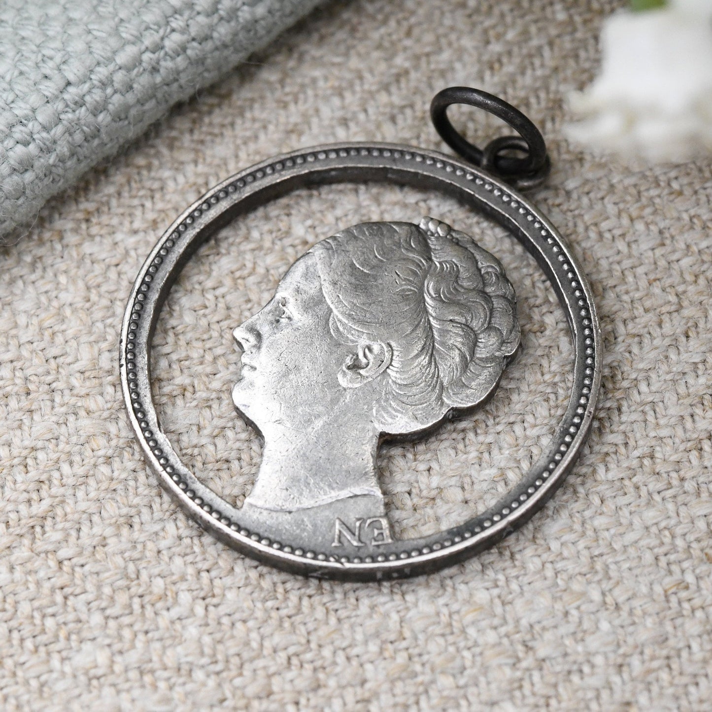 Vintage Silver Wilhelmina Netherlands 1 Gulden Cut Coin Pendant - Pierced Dutch Silver Coin Jewellery