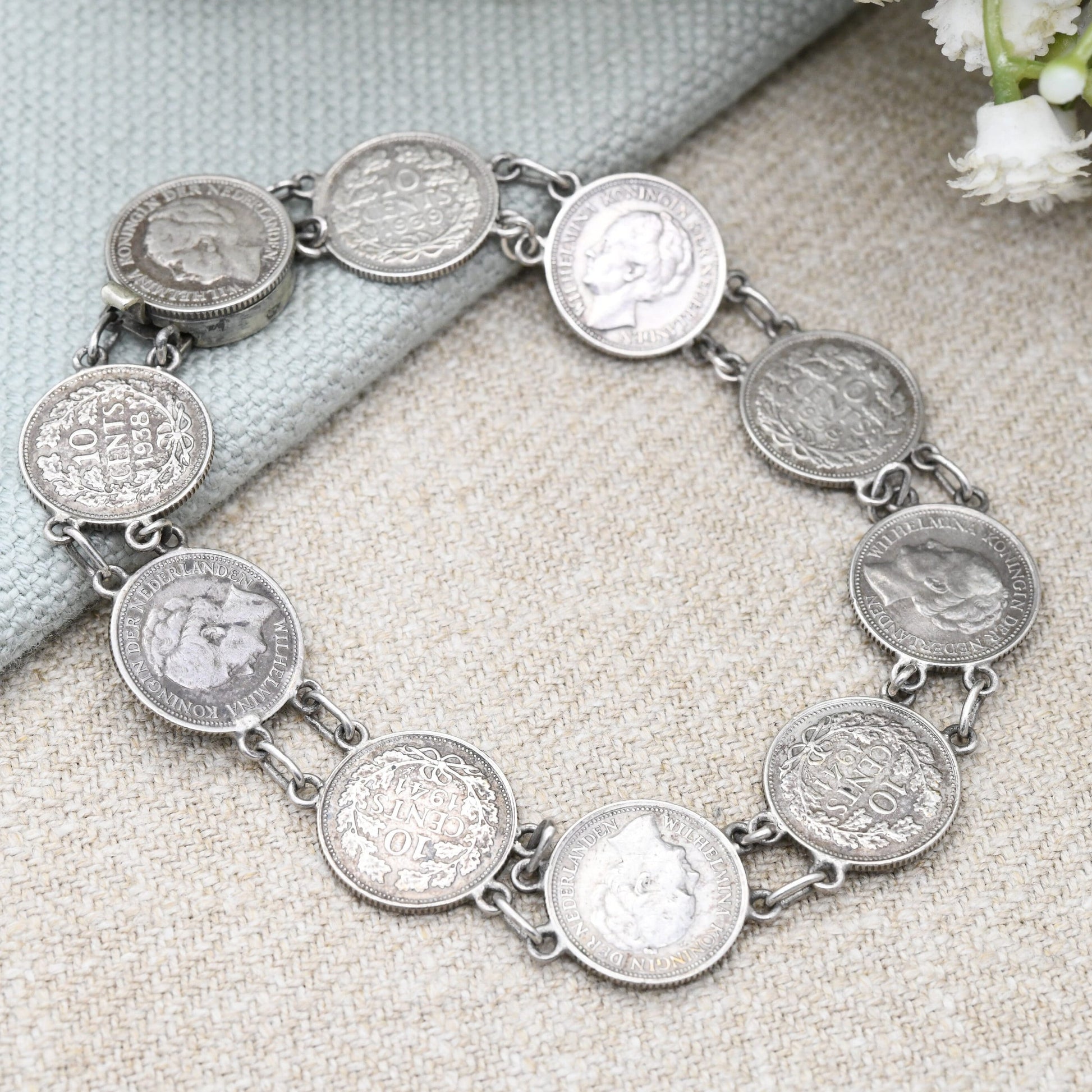 Vintage Silver Wilhelmina Koningin Dutch Coin Bracelet 1930s 1940s - Queen of the Netherlands Silver Coin Jewellery