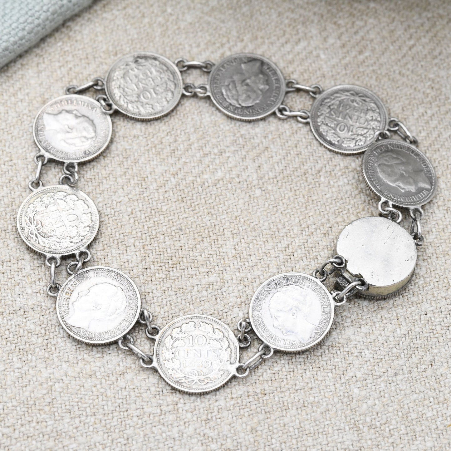 Vintage Silver Wilhelmina Koningin Dutch Coin Bracelet 1930s 1940s - Queen of the Netherlands Silver Coin Jewellery