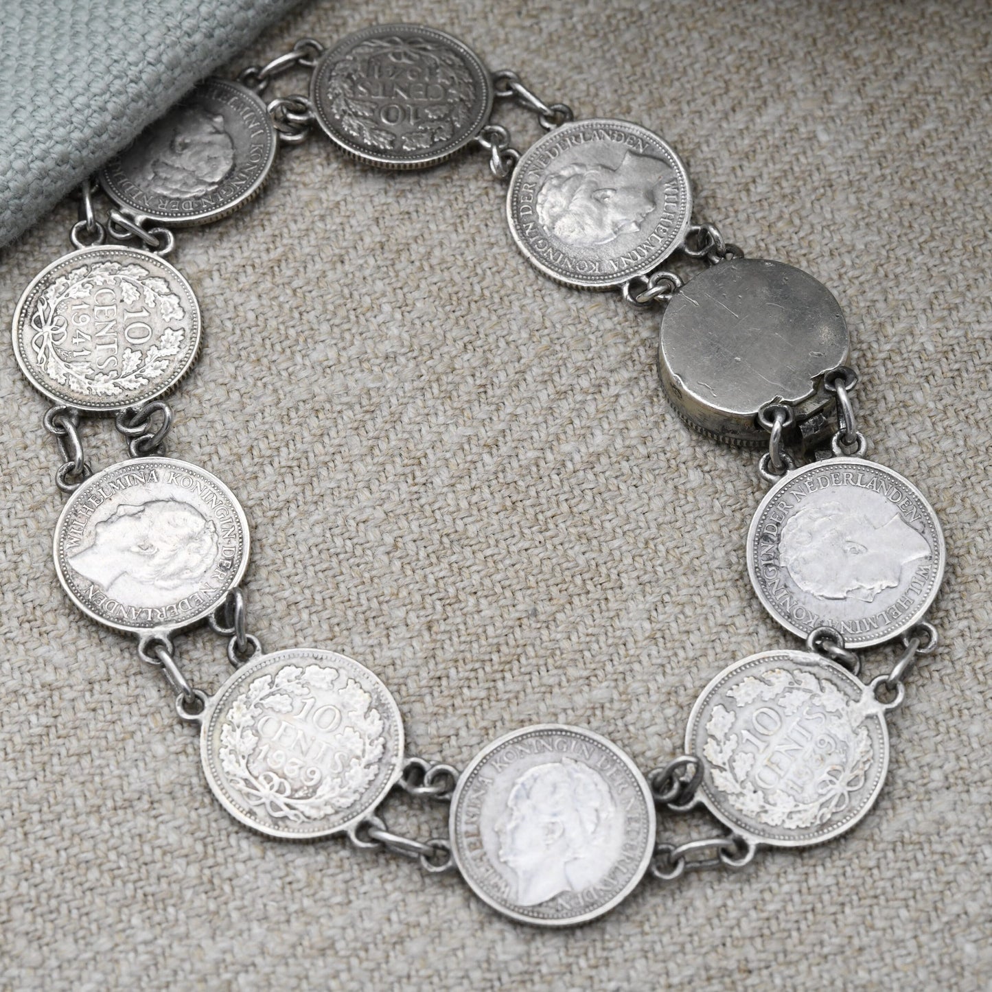 Vintage Silver Wilhelmina Koningin Dutch Coin Bracelet 1930s 1940s - Queen of the Netherlands Silver Coin Jewellery