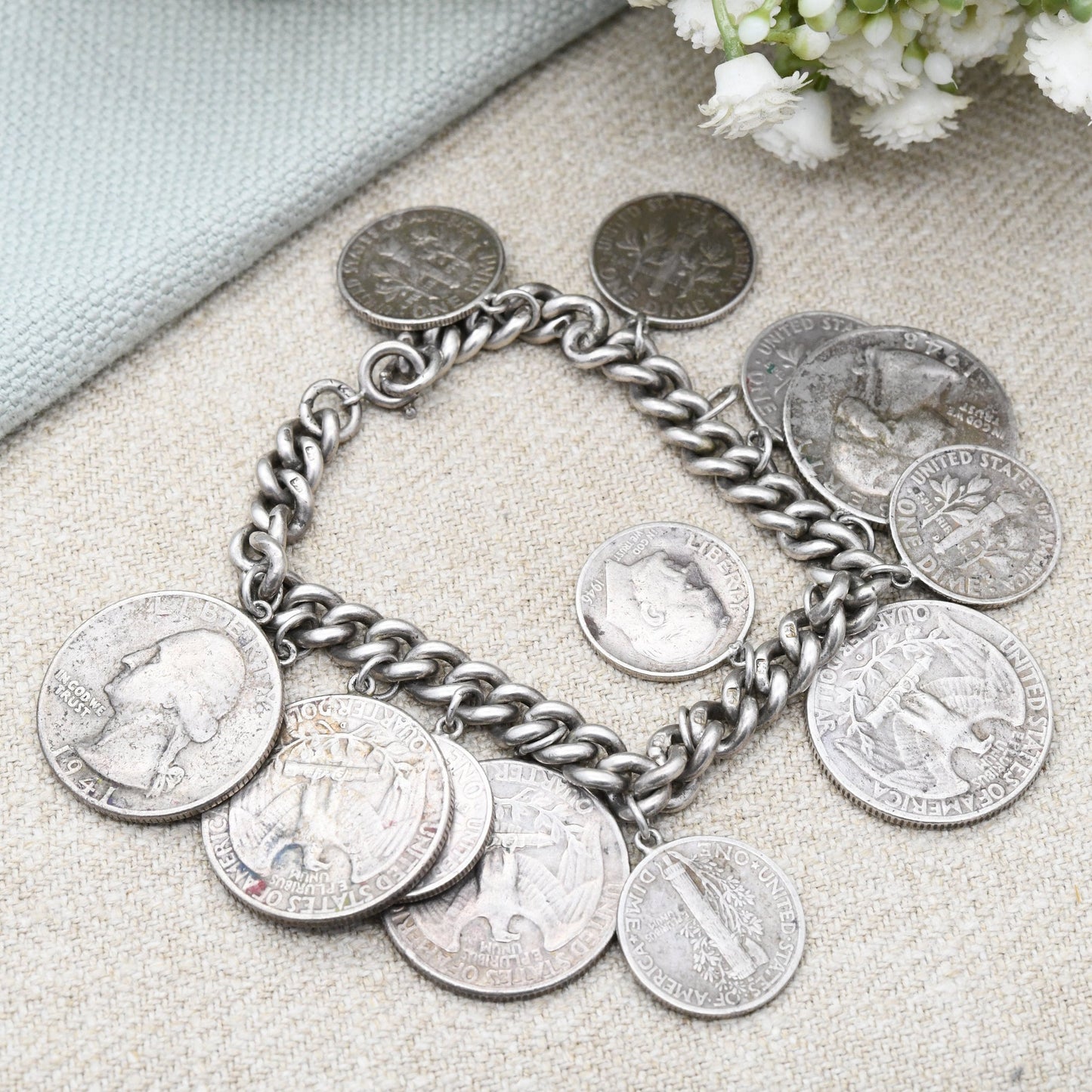 Vintage American Silver Coin Charm Bracelet - 1941 Washington Quarter Dollar | 1942 Mercury One Dime 1952 Roosevelt Dime | Curb Link