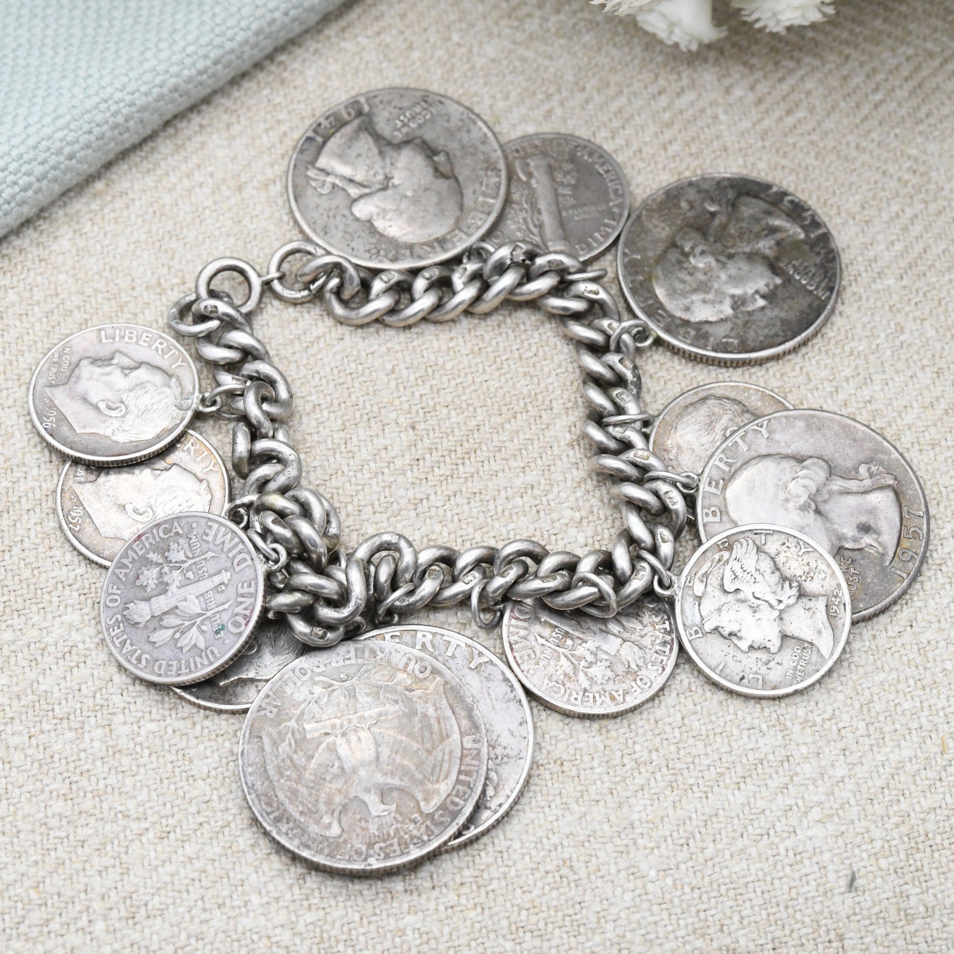 Vintage American Silver Coin Charm Bracelet - 1941 Washington Quarter Dollar | 1942 Mercury One Dime 1952 Roosevelt Dime | Curb Link