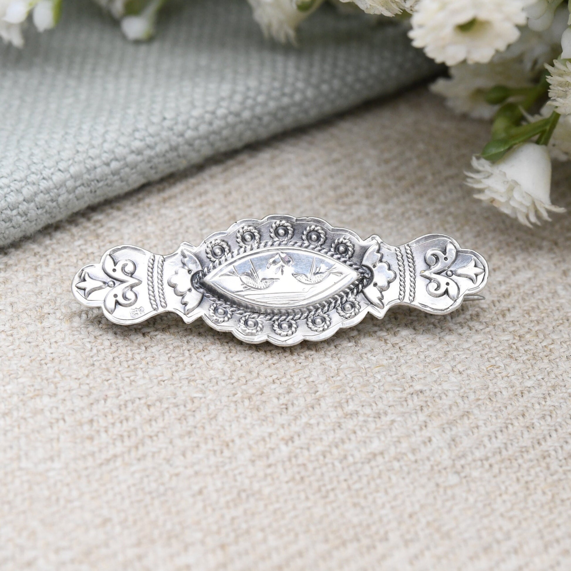 Antique Victorian Sterling Silver Aesthetic Movement Brooch 1898 with Bird Engraving by Arthur Johnson Smith - Chester Hallmarks