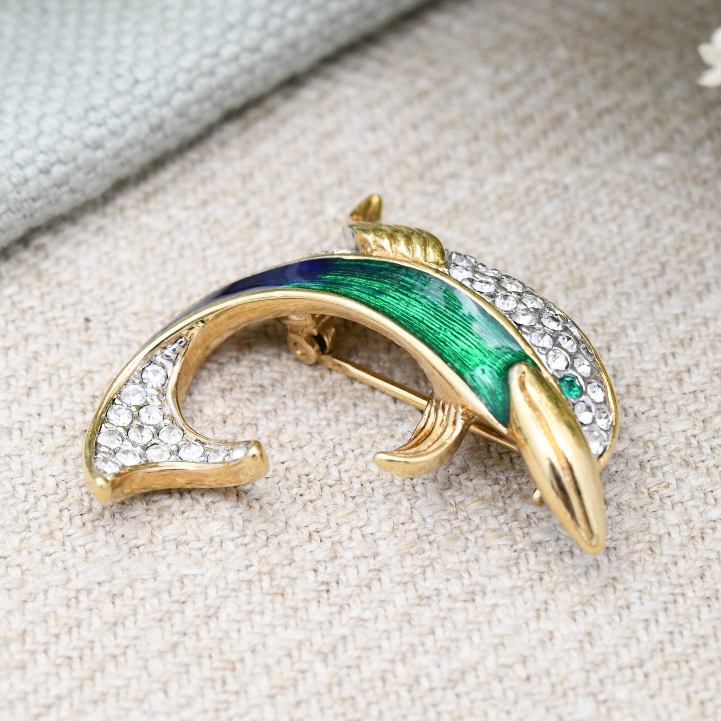 Vintage Attwood and Sawyer Enamel Dolphin Brooch A&S - Blue Green Gold Tone with Swarovski Crystals