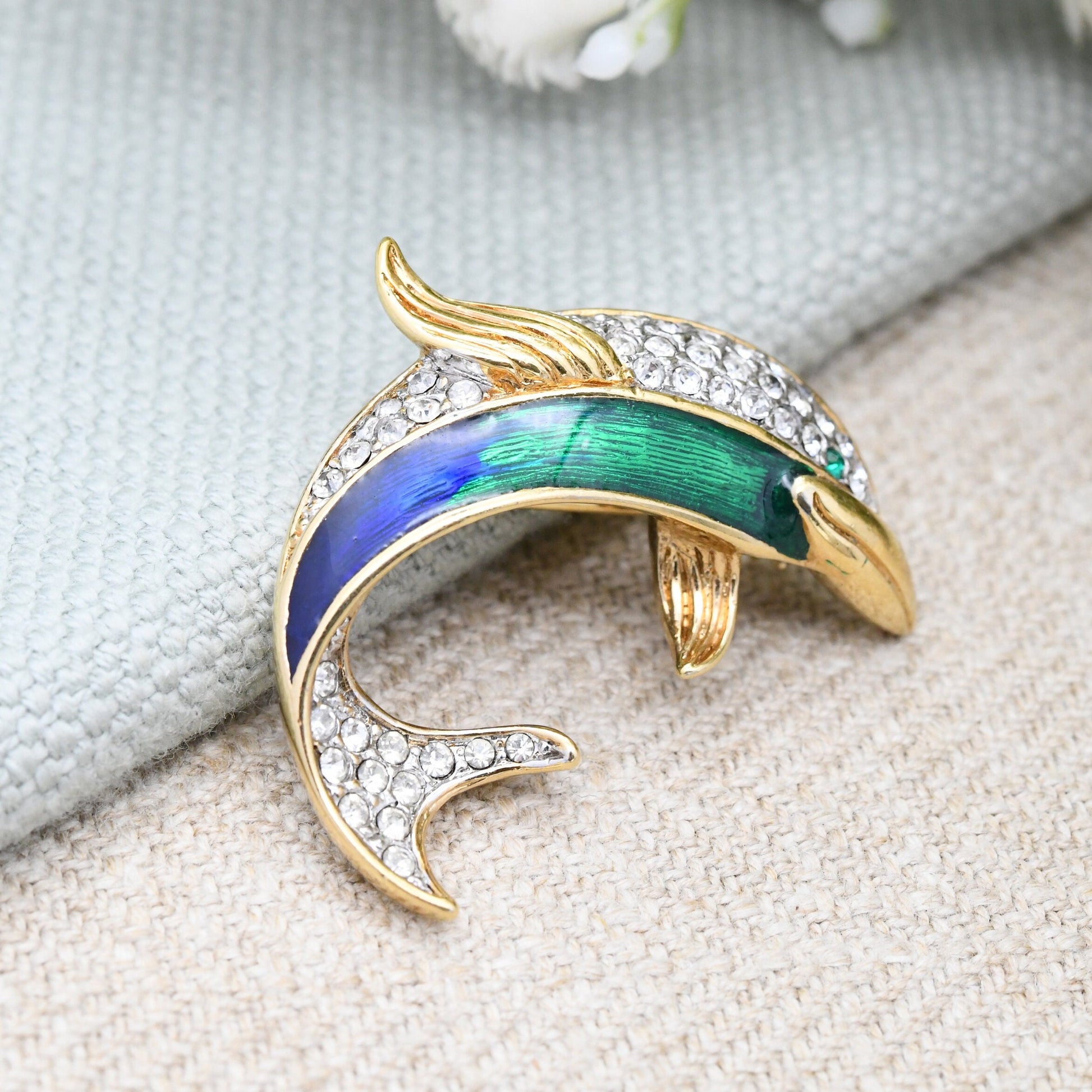 Vintage Attwood and Sawyer Enamel Dolphin Brooch A&S - Blue Green Gold Tone with Swarovski Crystals