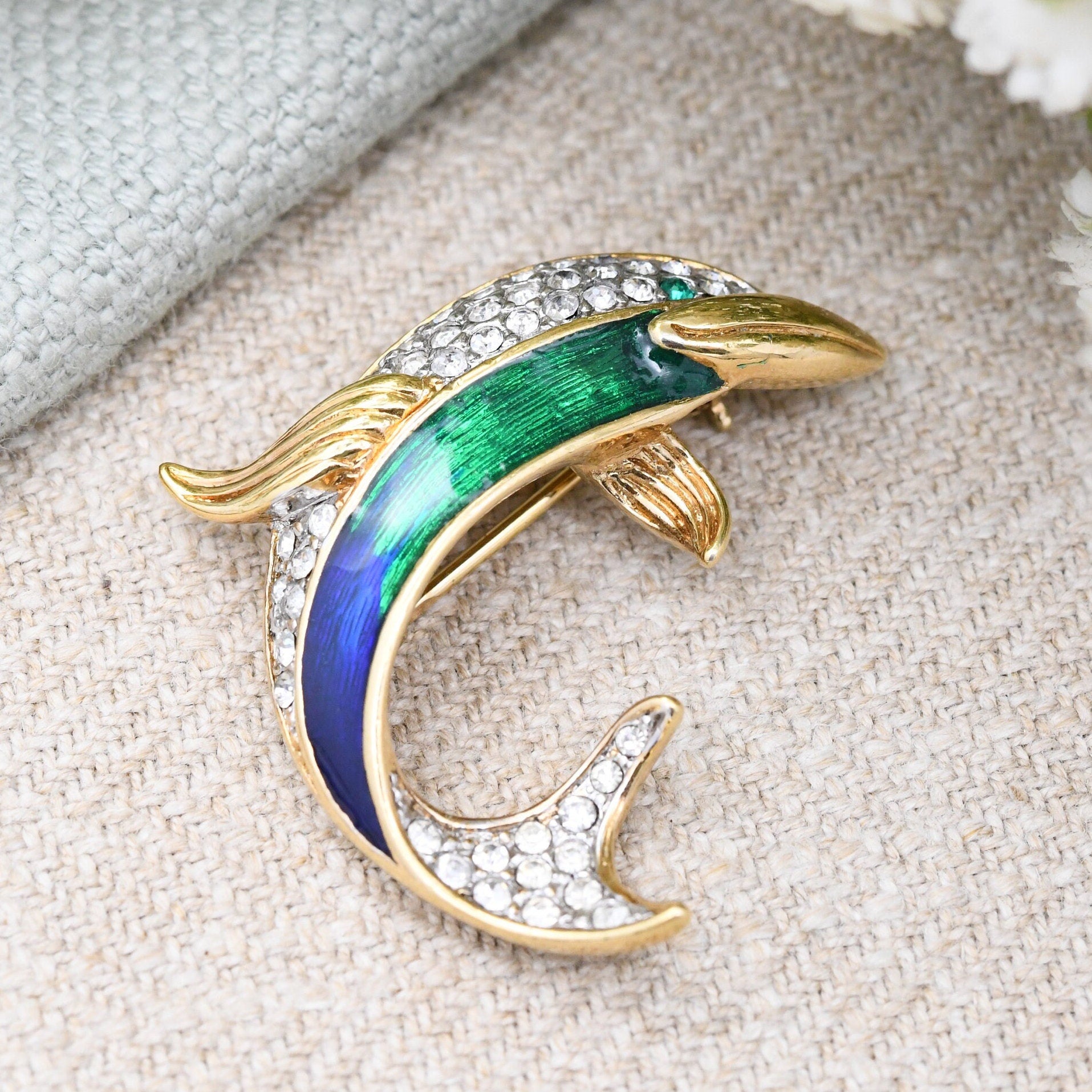 Vintage Attwood and Sawyer Enamel Dolphin Brooch A&S - Blue Green Gold Tone with Swarovski Crystals