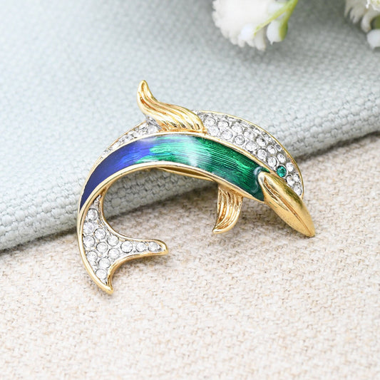 Vintage Attwood and Sawyer Enamel Dolphin Brooch A&S - Blue Green Gold Tone with Swarovski Crystals