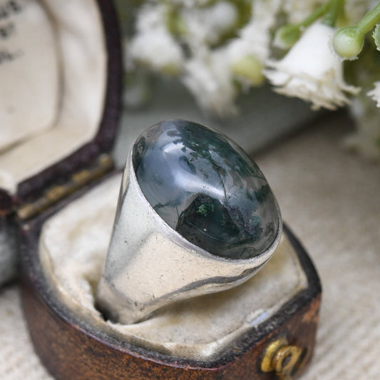 Vintage Sterling Silver Moss Agate Ring 1974 - Large Statement Mid-Century Modernist Ring | UK Size - O | US Size - 7 1/4