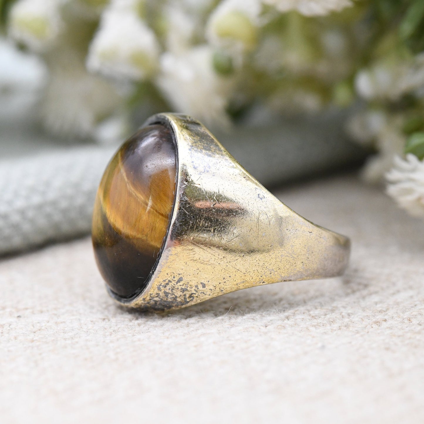 Vintage Sterling Silver Tiger's Eye Ring - Mid-Century Modernist | Oval Cabochon | UK Size - O | US Size - 7 1/4