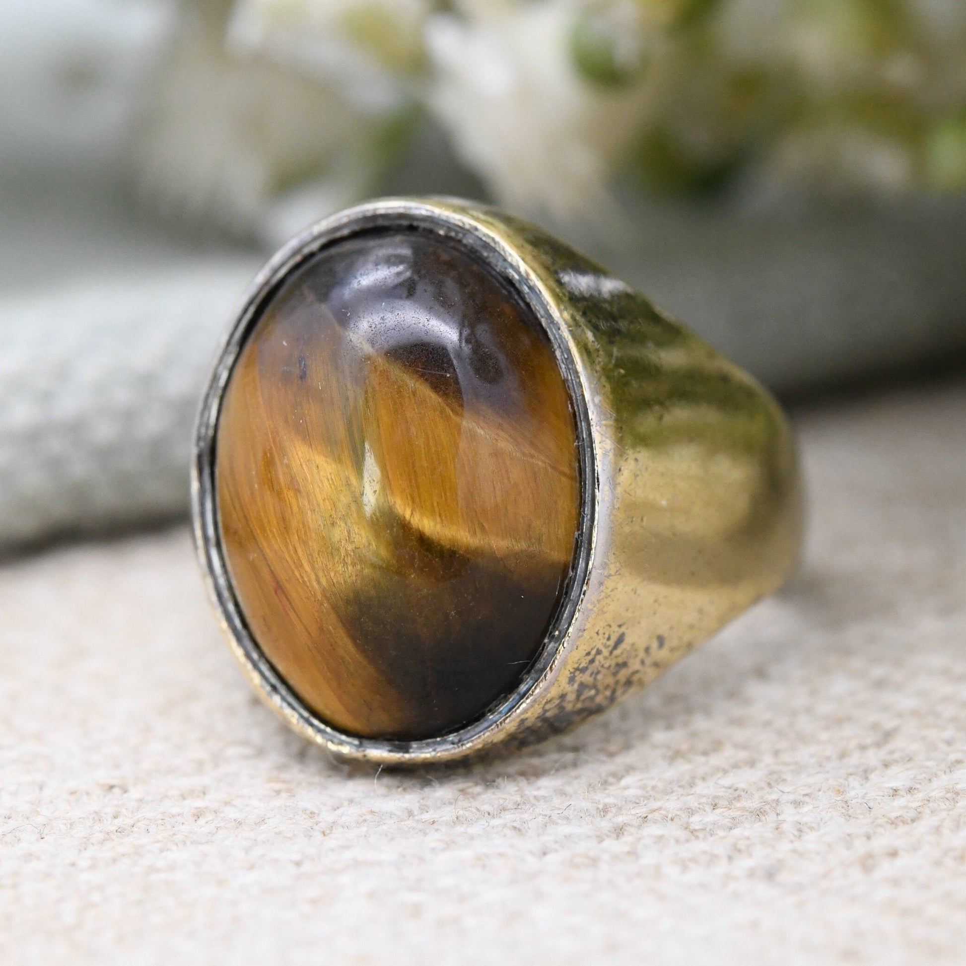 Vintage Sterling Silver Tiger's Eye Ring - Mid-Century Modernist | Oval Cabochon | UK Size - O | US Size - 7 1/4