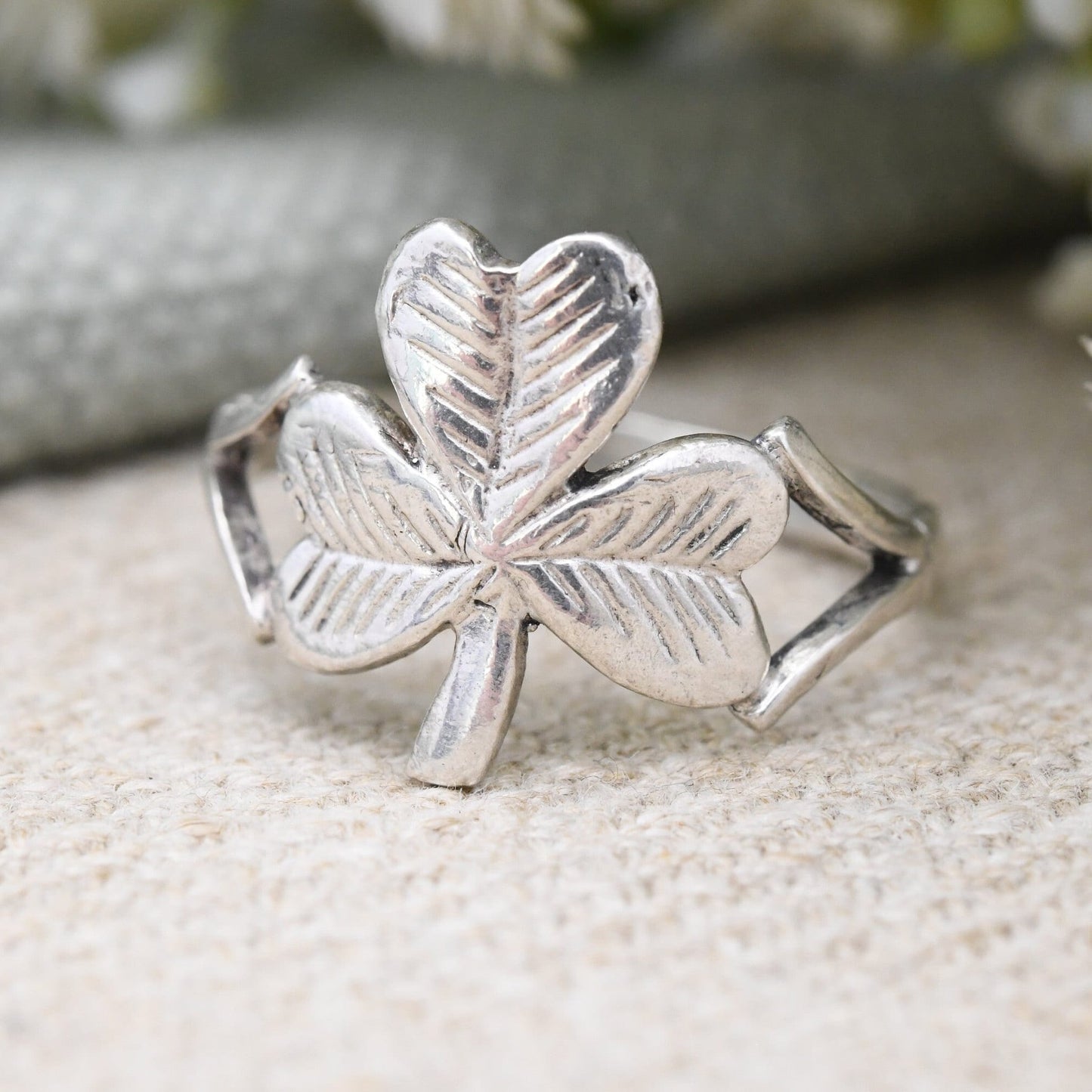 Vintage Sterling Silver Clover Ring - Irish Lucky Three Leaf Clover Shamrock | UK Size - N | US - 7