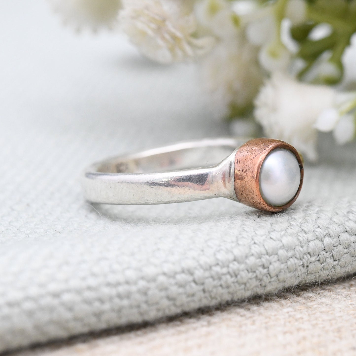 Vintage Janina Nielsen Sterling Silver Ring with Pearl Copper Brass - Modernist Danish Designer | UK Size - O 1/2 | US Size - 7 1/2