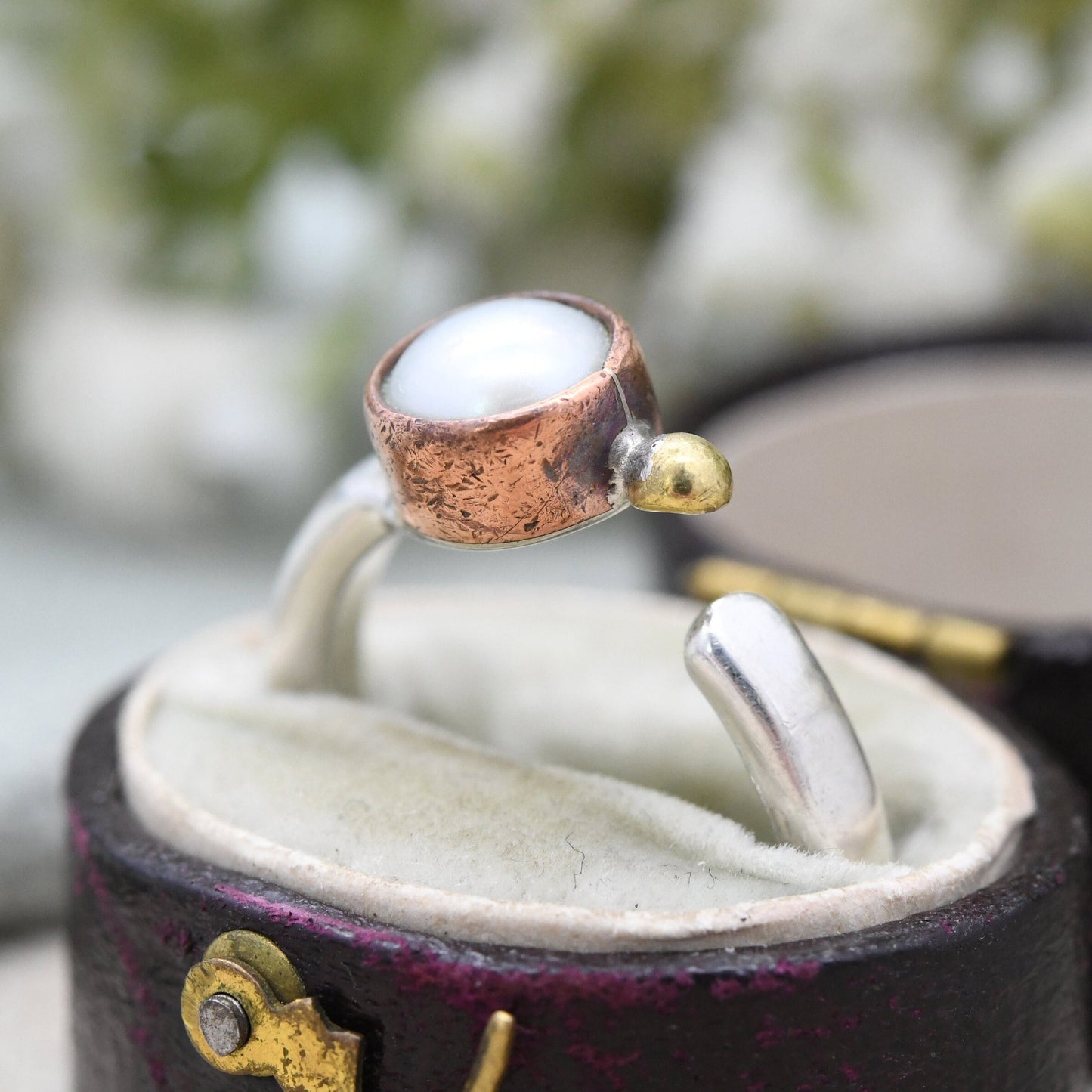 Vintage Janina Nielsen Sterling Silver Ring with Pearl Copper Brass - Modernist Danish Designer | UK Size - O 1/2 | US Size - 7 1/2