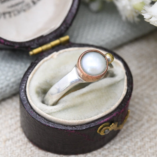 Vintage Janina Nielsen Sterling Silver Ring with Pearl Copper Brass - Modernist Danish Designer | UK Size - O 1/2 | US Size - 7 1/2