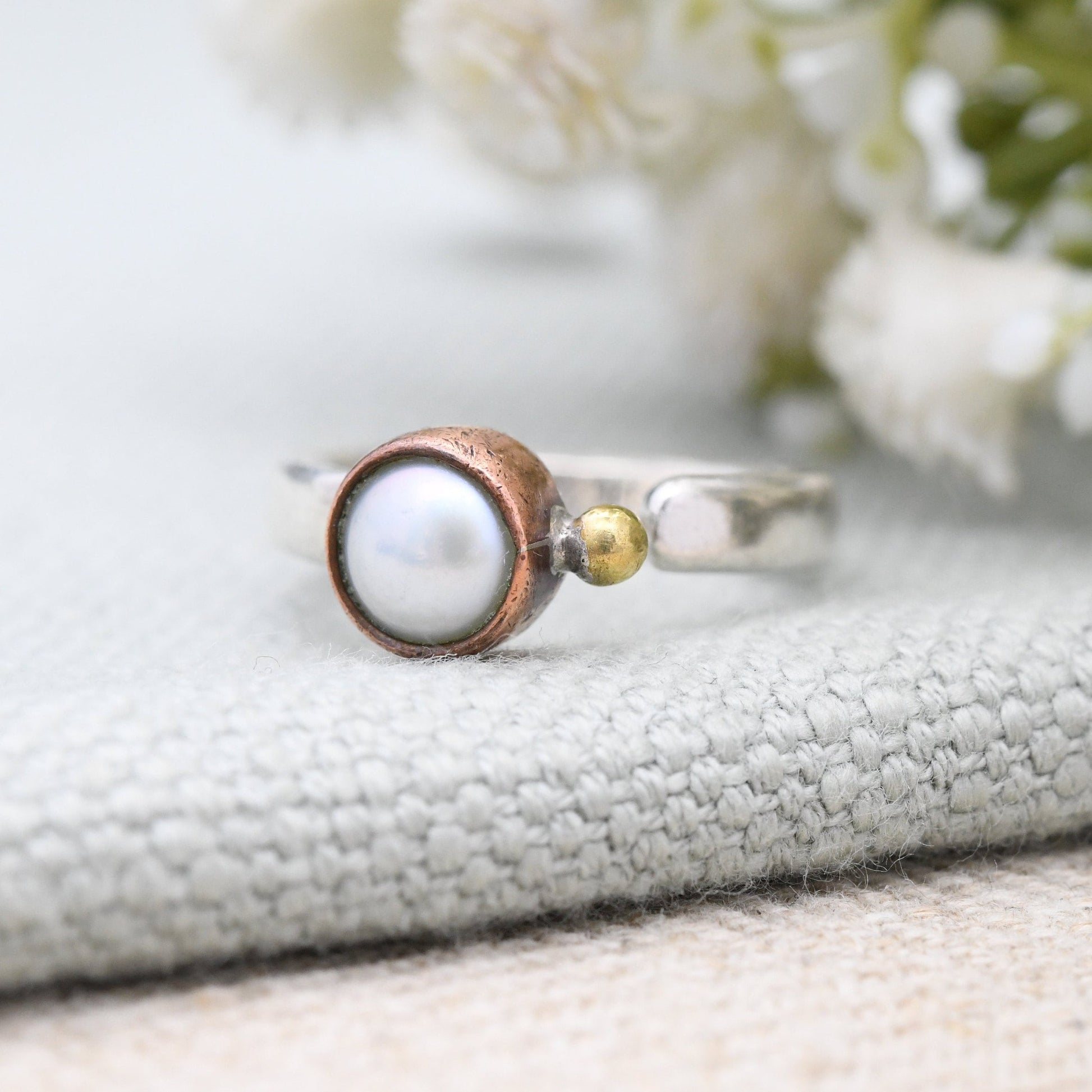 Vintage Janina Nielsen Sterling Silver Ring with Pearl Copper Brass - Modernist Danish Designer | UK Size - O 1/2 | US Size - 7 1/2