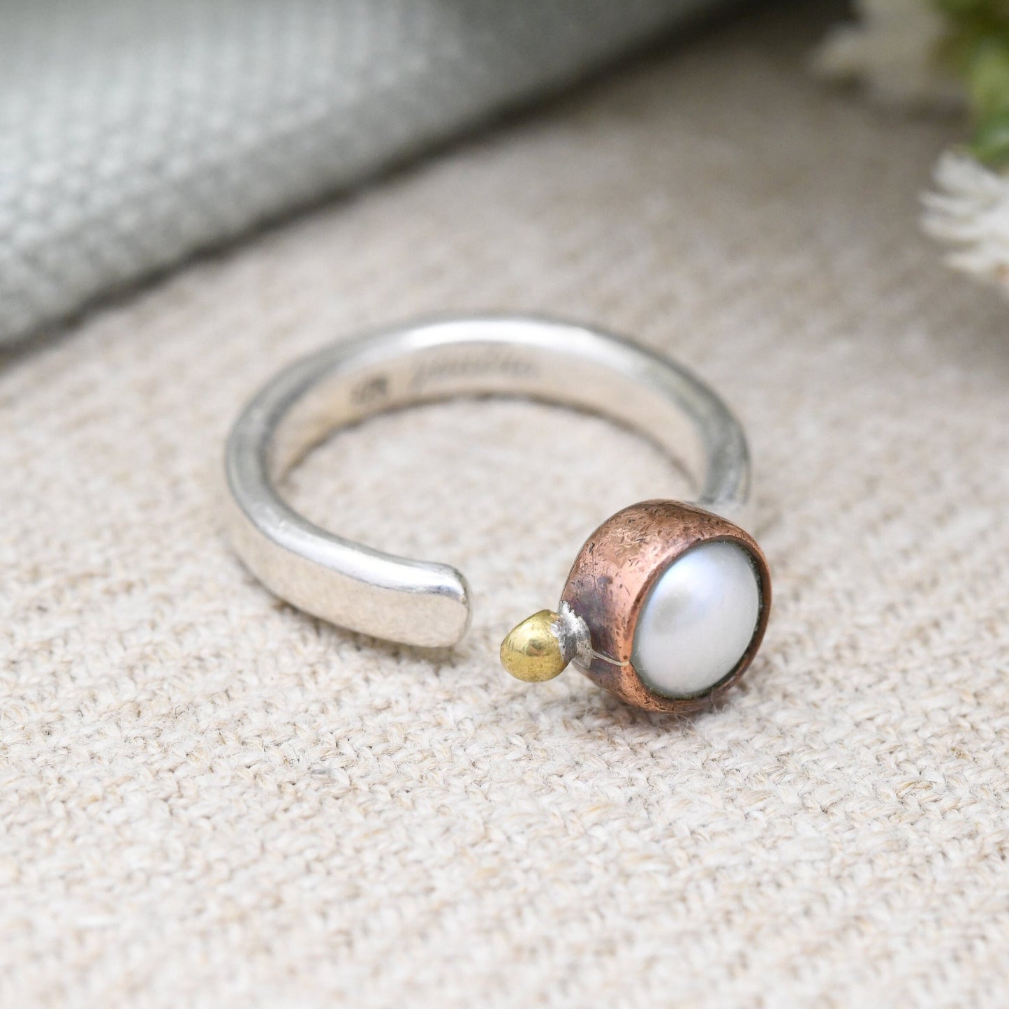 Vintage Janina Nielsen Sterling Silver Ring with Pearl Copper Brass - Modernist Danish Designer | UK Size - O 1/2 | US Size - 7 1/2