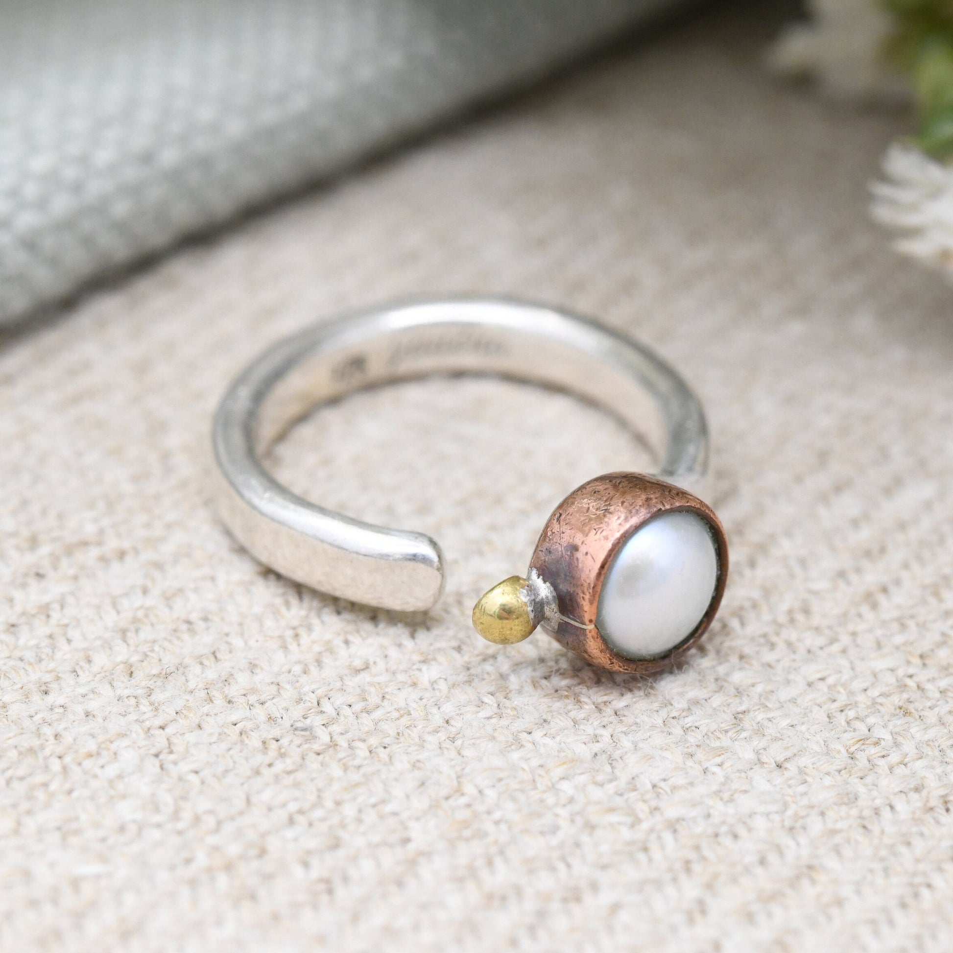 Vintage Janina Nielsen Sterling Silver Ring with Pearl Copper Brass - Modernist Danish Designer | UK Size - O 1/2 | US Size - 7 1/2