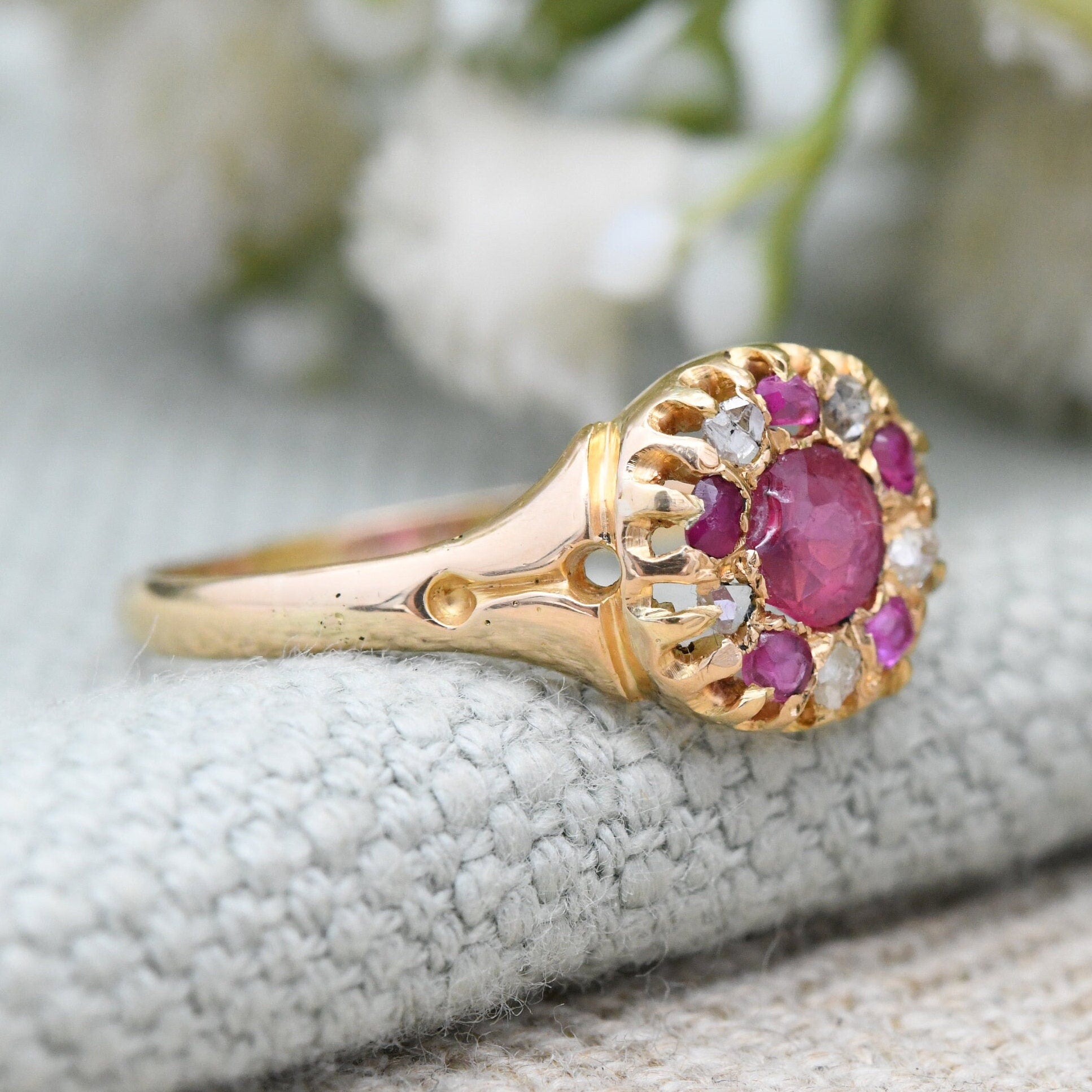 Antique Victorian 18ct Gold Ruby Diamond Ring - UK Size - Q | US Size - 8