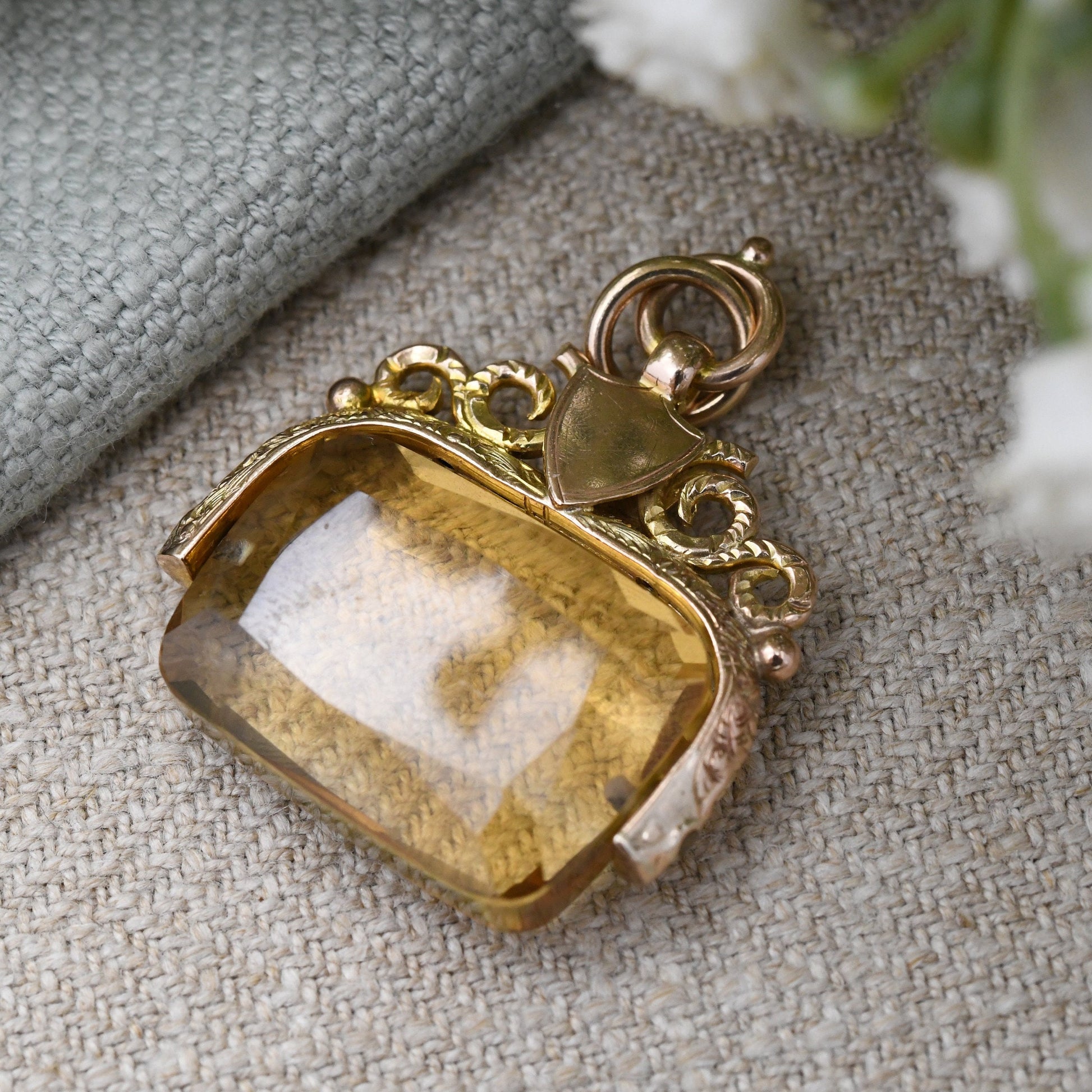 Antique 9ct Gold Citrine Spinner Fob with Shield Plaque 1922 - Faceted Gemstone Watch Fob Pendant | Ornate Design