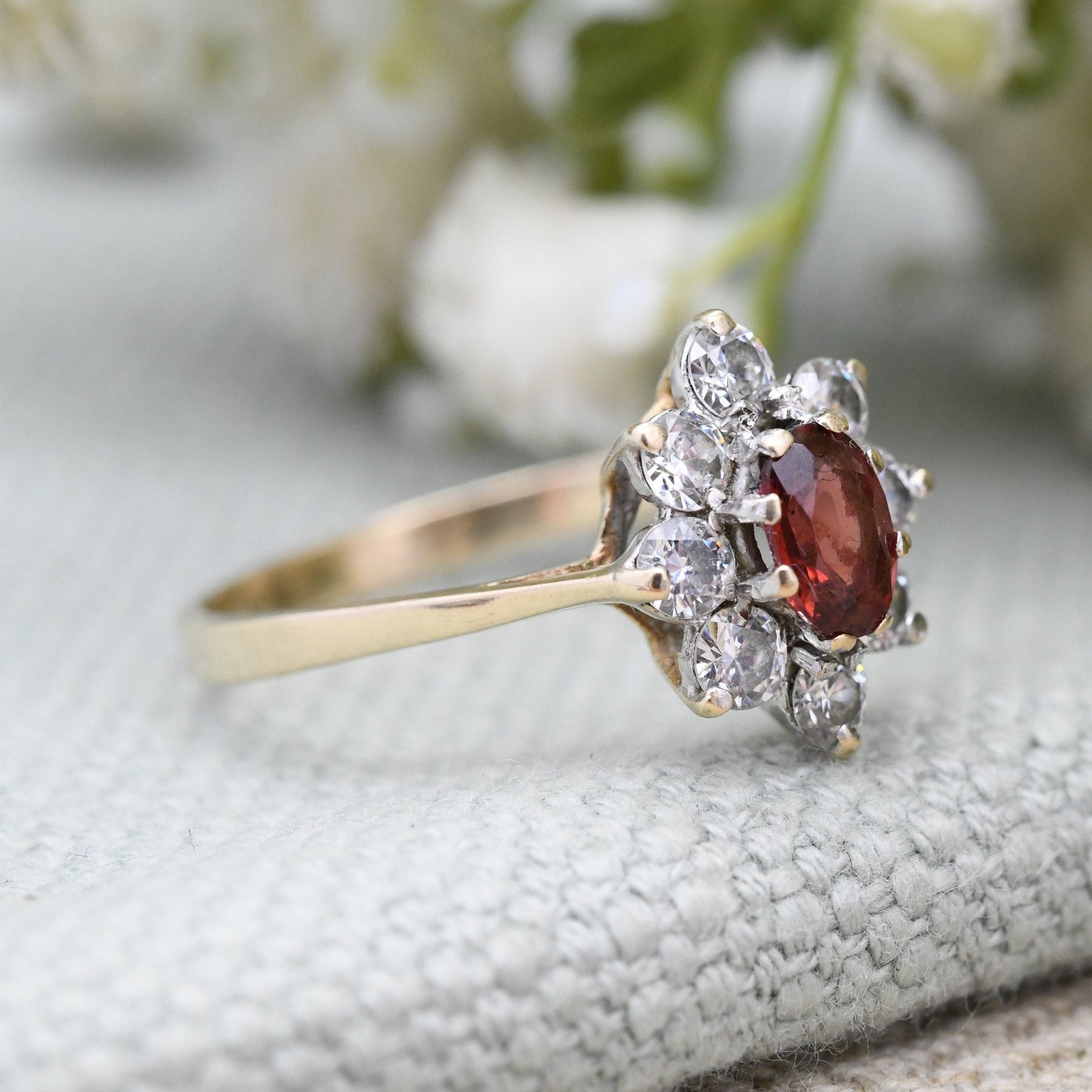 Vintage 9ct Gold Garnet Flower Ring 1984 with Clear Stone Halo - UK Size - S 1/2 | US Size - 9 1/4